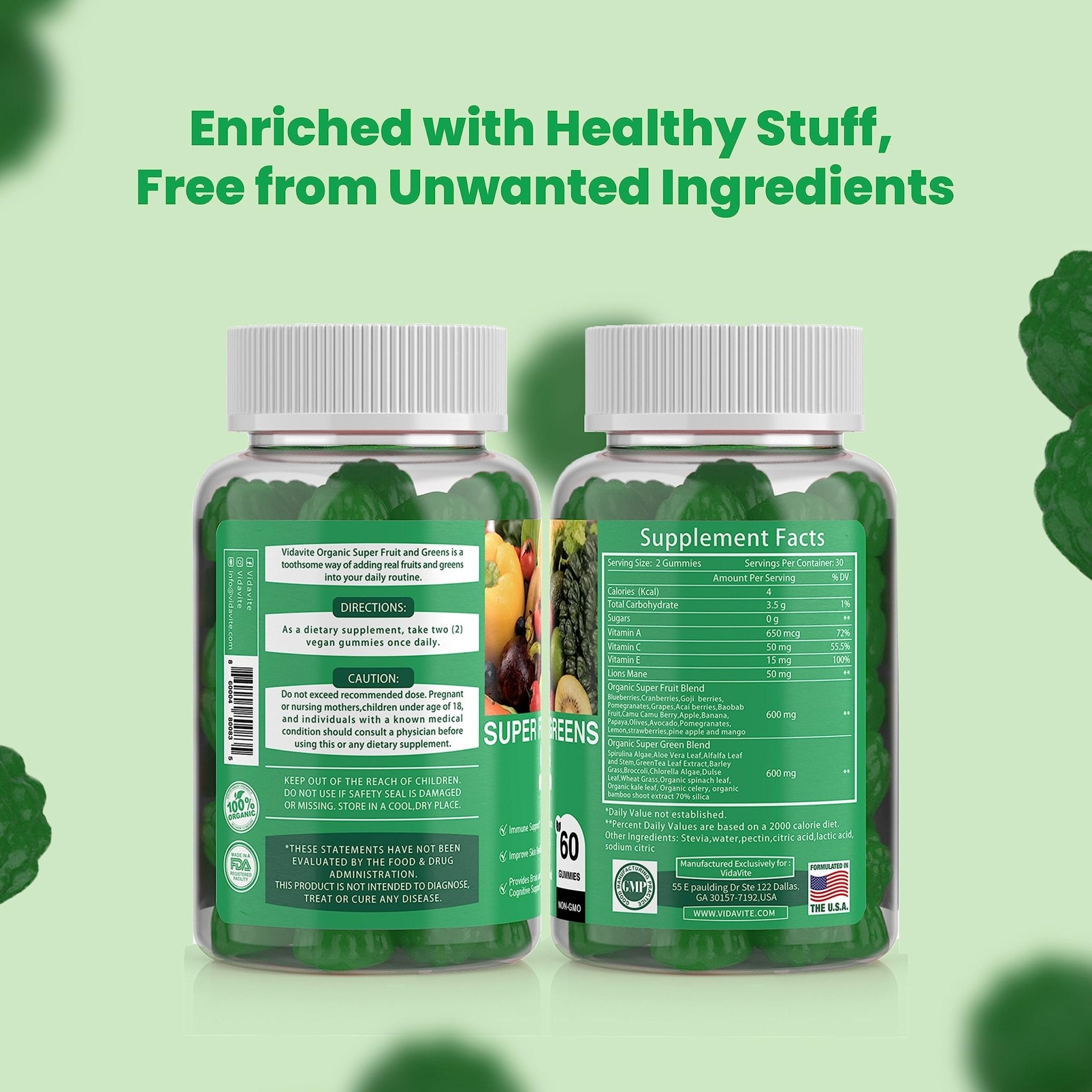 VIDAVITE Sugar-free Super Greens Gummies — US-Made, 35+ Fruit and Veggie gummies to Boost Immunity, Skin & Gut Health — Ideal Fruits and Vegetables Supplement - TrustMedUSA