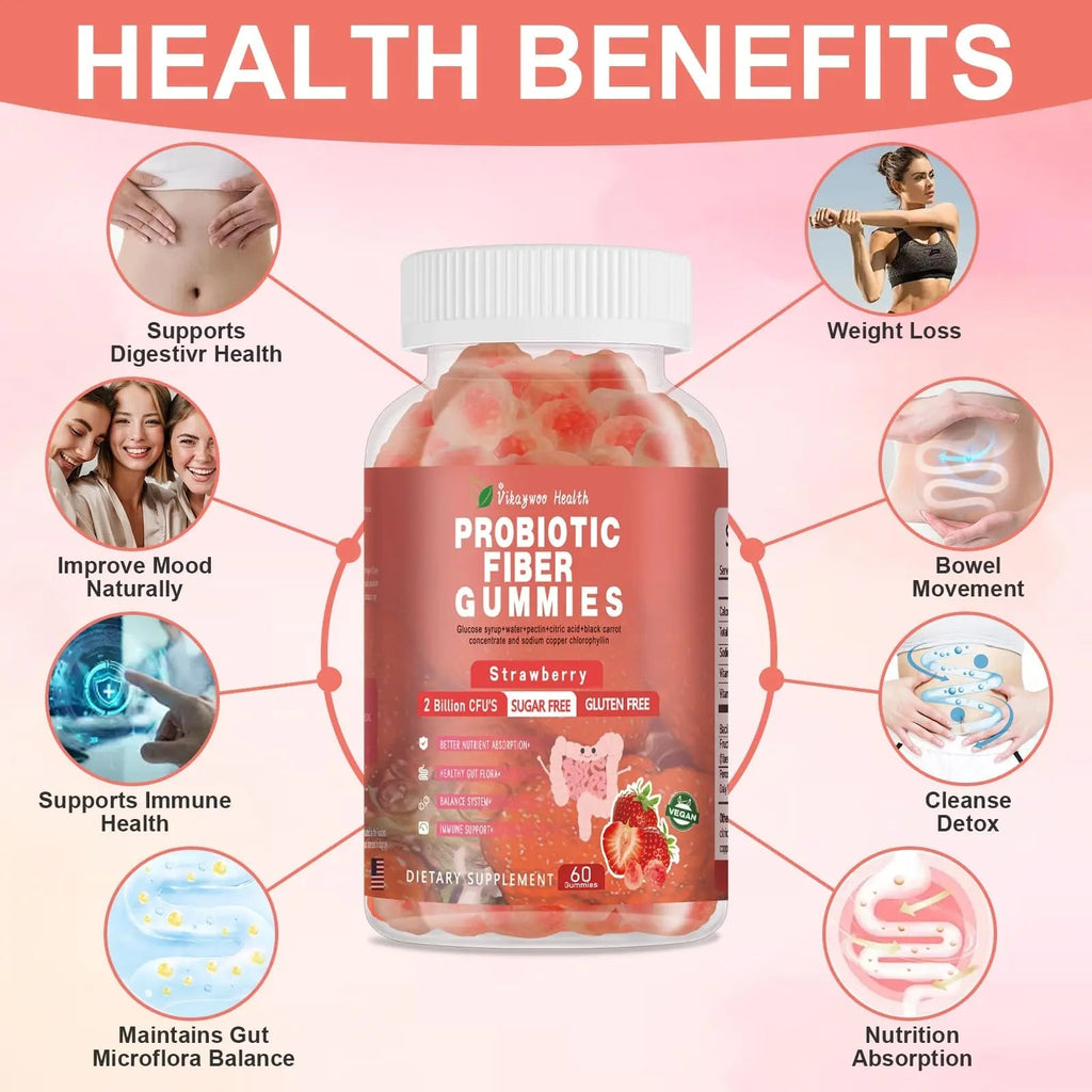 Vikaywoo Probiotic Fiber Gummies for Adults, No Sugar Added Strawberry Flavor– 2 Billion CFUs –Vitamin C,Vitamin D–Digestive Health & Regularity Support(120 Count) - TrustMedUSA
