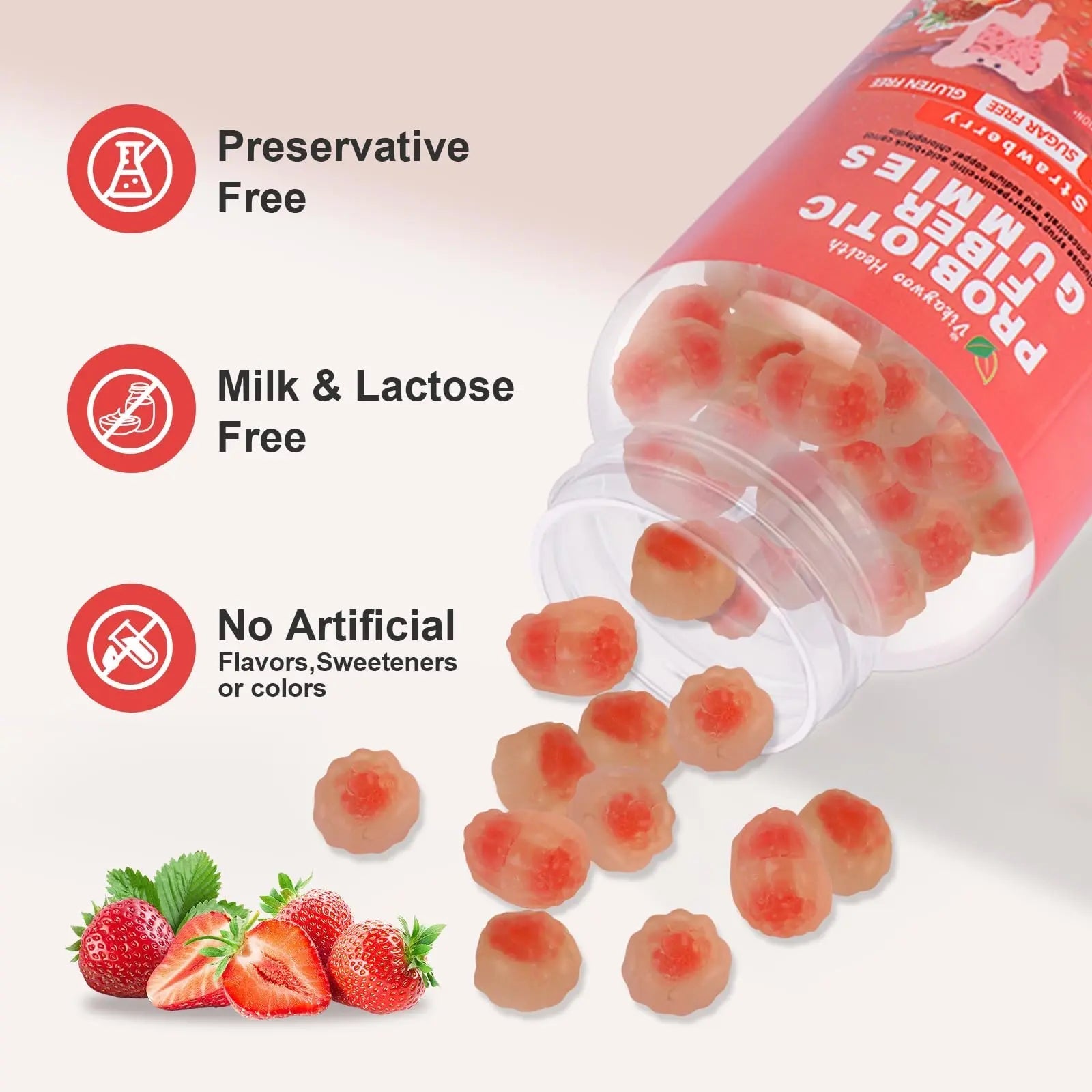Vikaywoo Probiotic Fiber Gummies for Adults, No Sugar Added Strawberry Flavor– 2 Billion CFUs –Vitamin C,Vitamin D–Digestive Health & Regularity Support(120 Count) - TrustMedUSA
