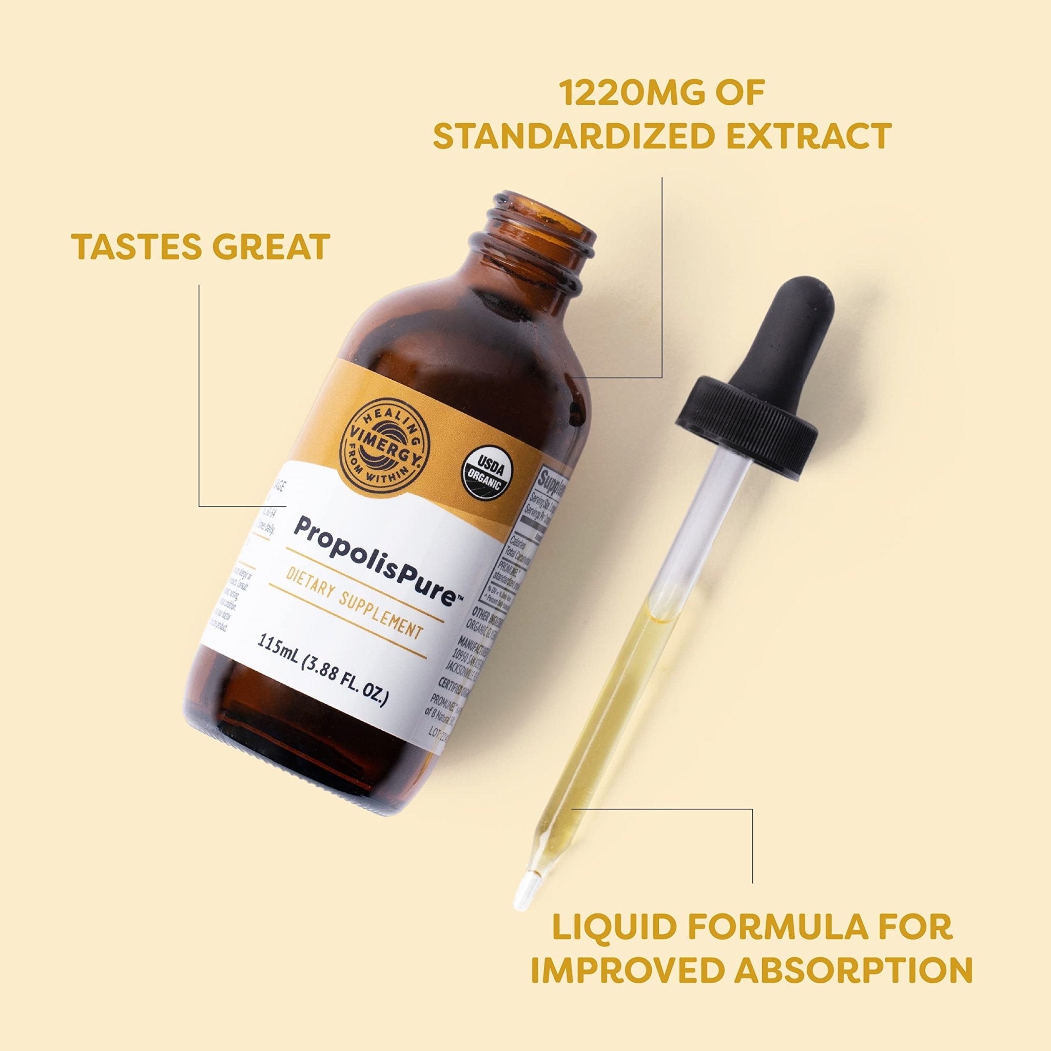 Vimergy PropolisPure® – Supports Immune and Respiratory Health* – Benefits Oral Health* – USDA Certified Organic, Kosher, Paleo-Friendly, Gluten-Free – 115 mL (57 Servings) - TrustMedUSA