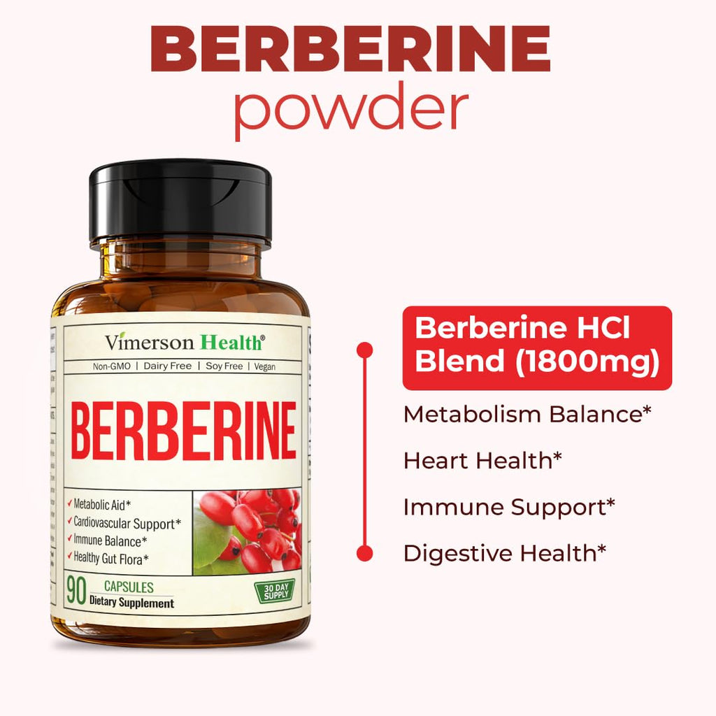 Vimerson Health Berberine Supplement with Third Party Tested Berberine 1800mg - Immune Support Supplement for Cardiovascular, Gastrointestinal Function & Metabolic Aid - Vegan & Non-GMO - TrustMedUSA