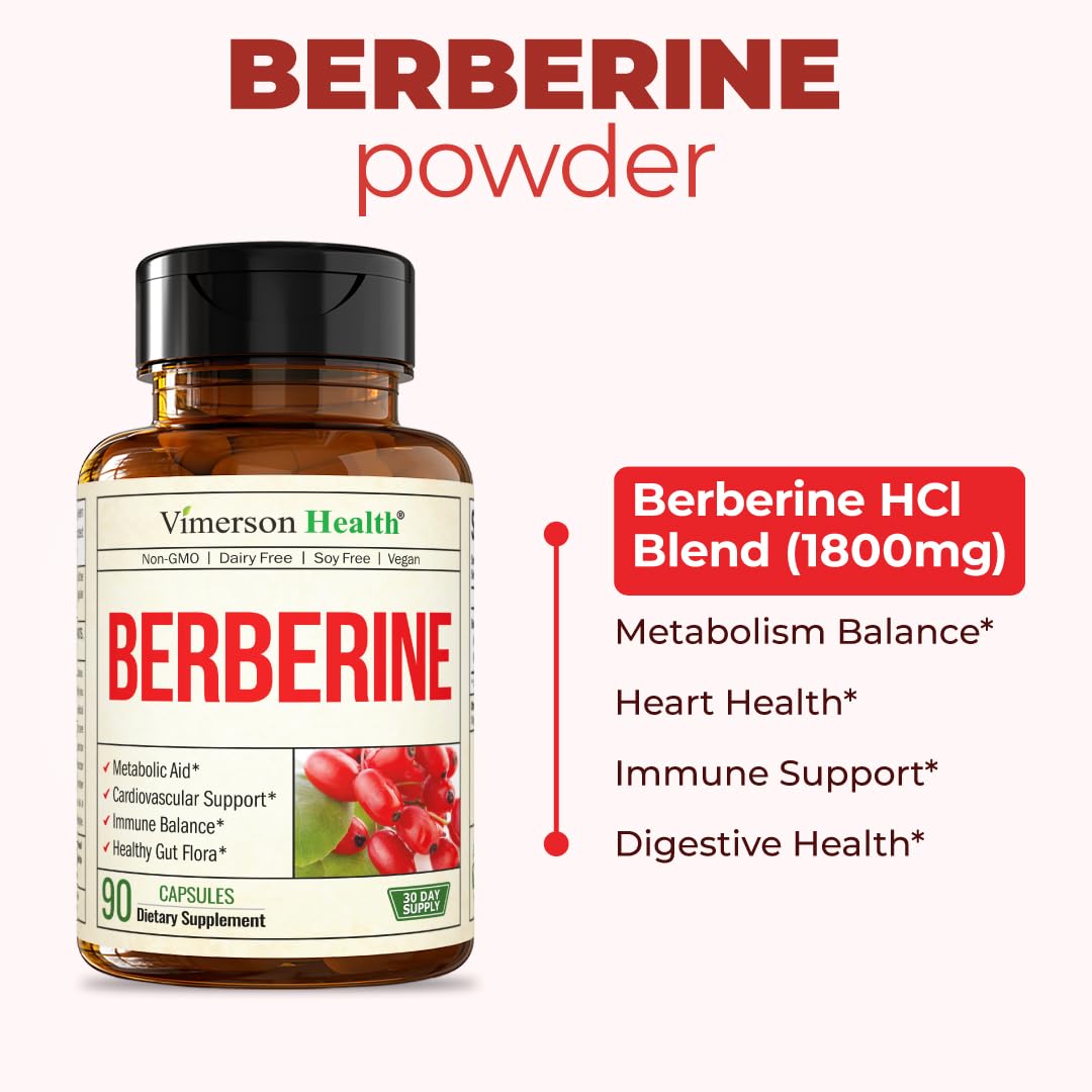 Vimerson Health Berberine Supplement with Third Party Tested Berberine 1800mg - Immune Support Supplement for Cardiovascular, Gastrointestinal Function & Metabolic Aid - Vegan & Non-GMO - TrustMedUSA