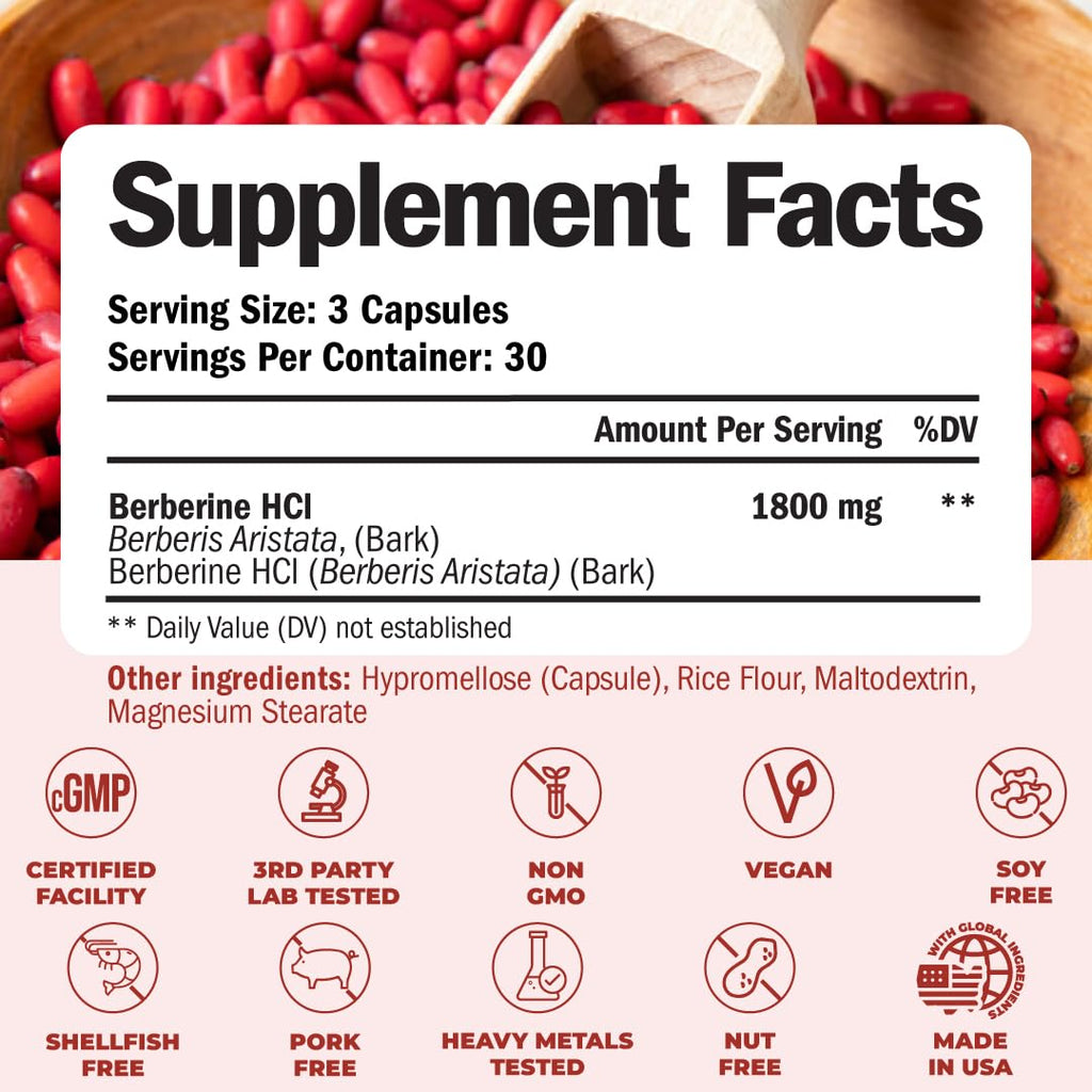 Vimerson Health Berberine Supplement with Third Party Tested Berberine 1800mg - Immune Support Supplement for Cardiovascular, Gastrointestinal Function & Metabolic Aid - Vegan & Non-GMO - TrustMedUSA