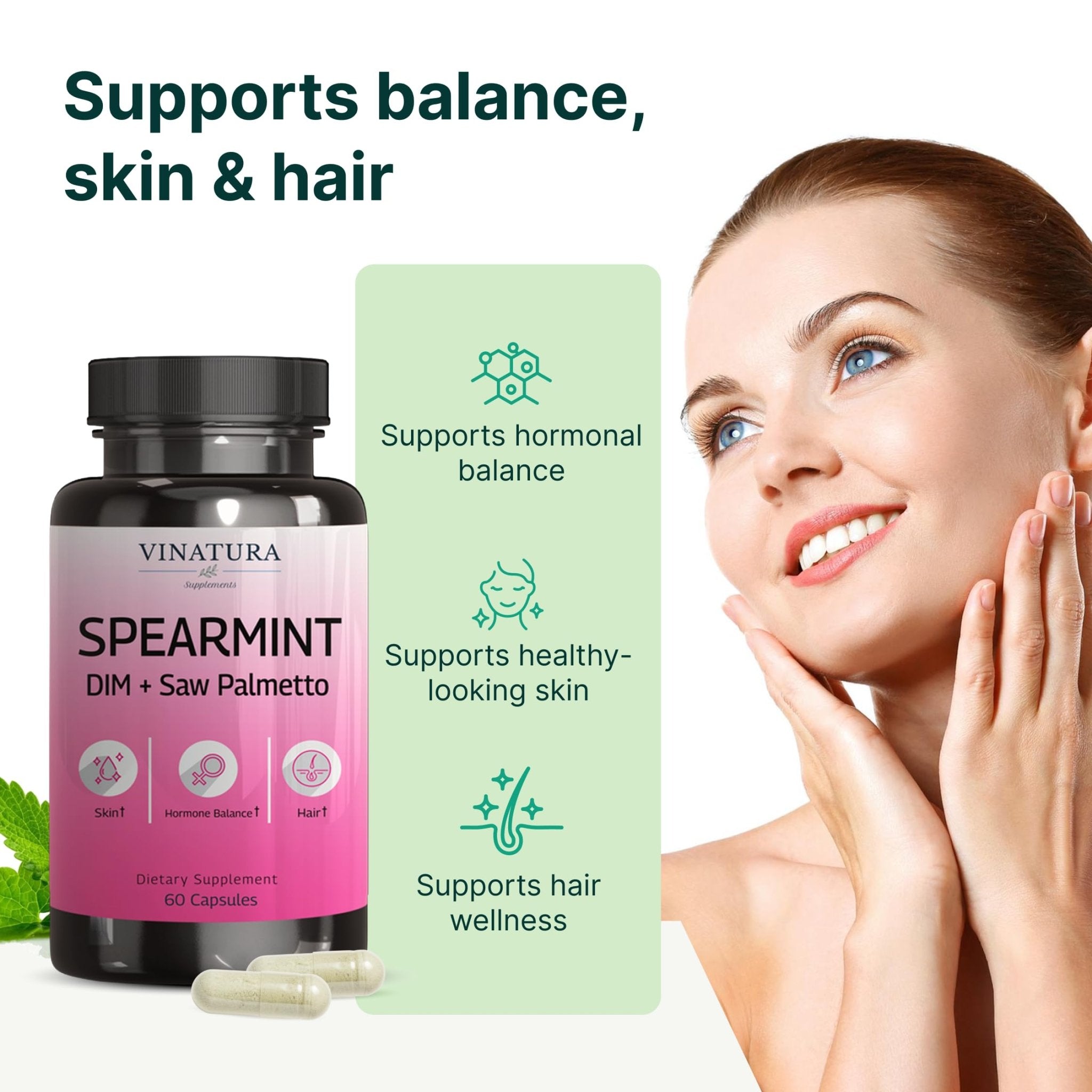 VINATURA Spearmint Leaf Capsules Supplement - Enhanced with DIM & Saw Palmetto, for Unwanted Hair, Women' Health & Skin *USA Made & Tested* - 1380mg/serving, 60 Capsules (30 Servings) - TrustMedUSA