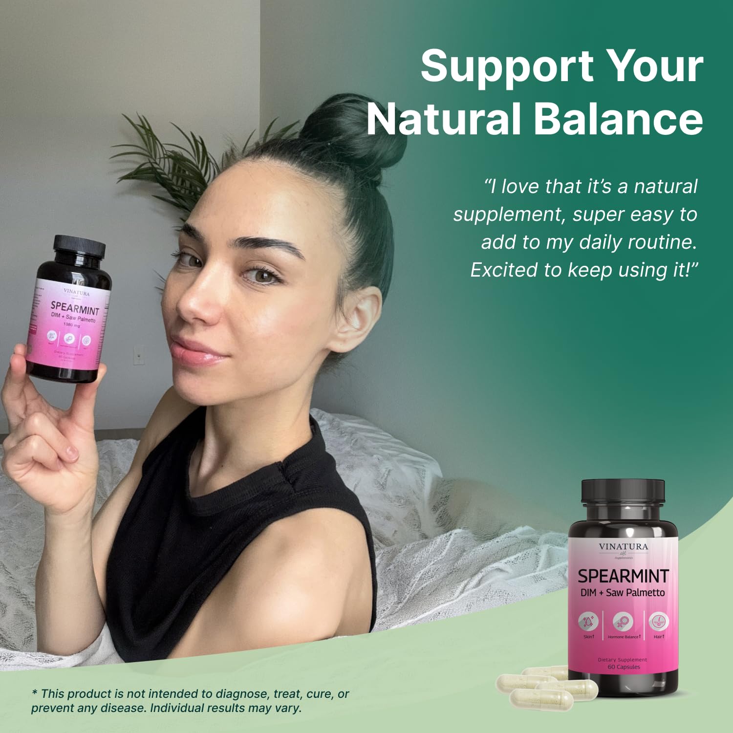 VINATURA Spearmint Leaf Capsules Supplement - Enhanced with DIM & Saw Palmetto, for Unwanted Hair, Women' Health & Skin *USA Made & Tested* - 1380mg/serving, 60 Capsules (30 Servings) - TrustMedUSA