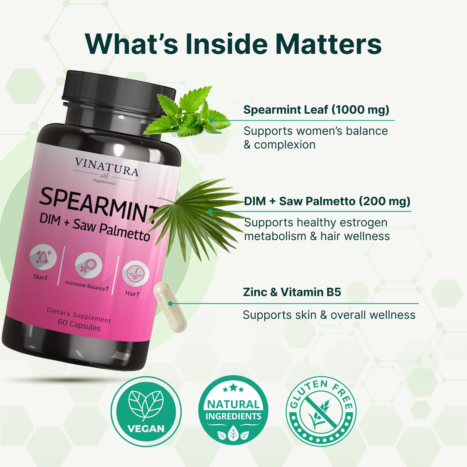 VINATURA Spearmint Leaf Capsules Supplement - Enhanced with DIM & Saw Palmetto, for Unwanted Hair, Women' Health & Skin *USA Made & Tested* - 1380mg/serving, 60 Capsules (30 Servings) - TrustMedUSA