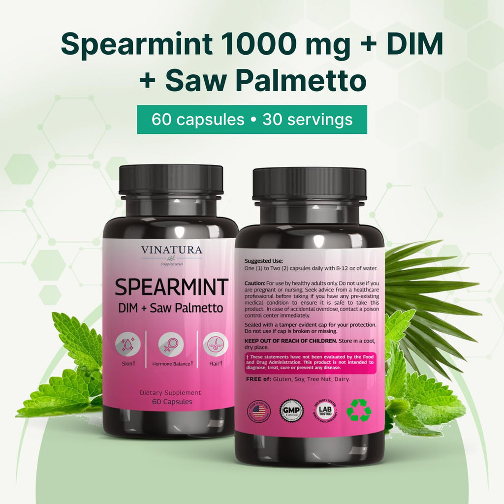 VINATURA Spearmint Leaf Capsules Supplement - Enhanced with DIM & Saw Palmetto, for Unwanted Hair, Women' Health & Skin *USA Made & Tested* - 1380mg/serving, 60 Capsules (30 Servings) - TrustMedUSA