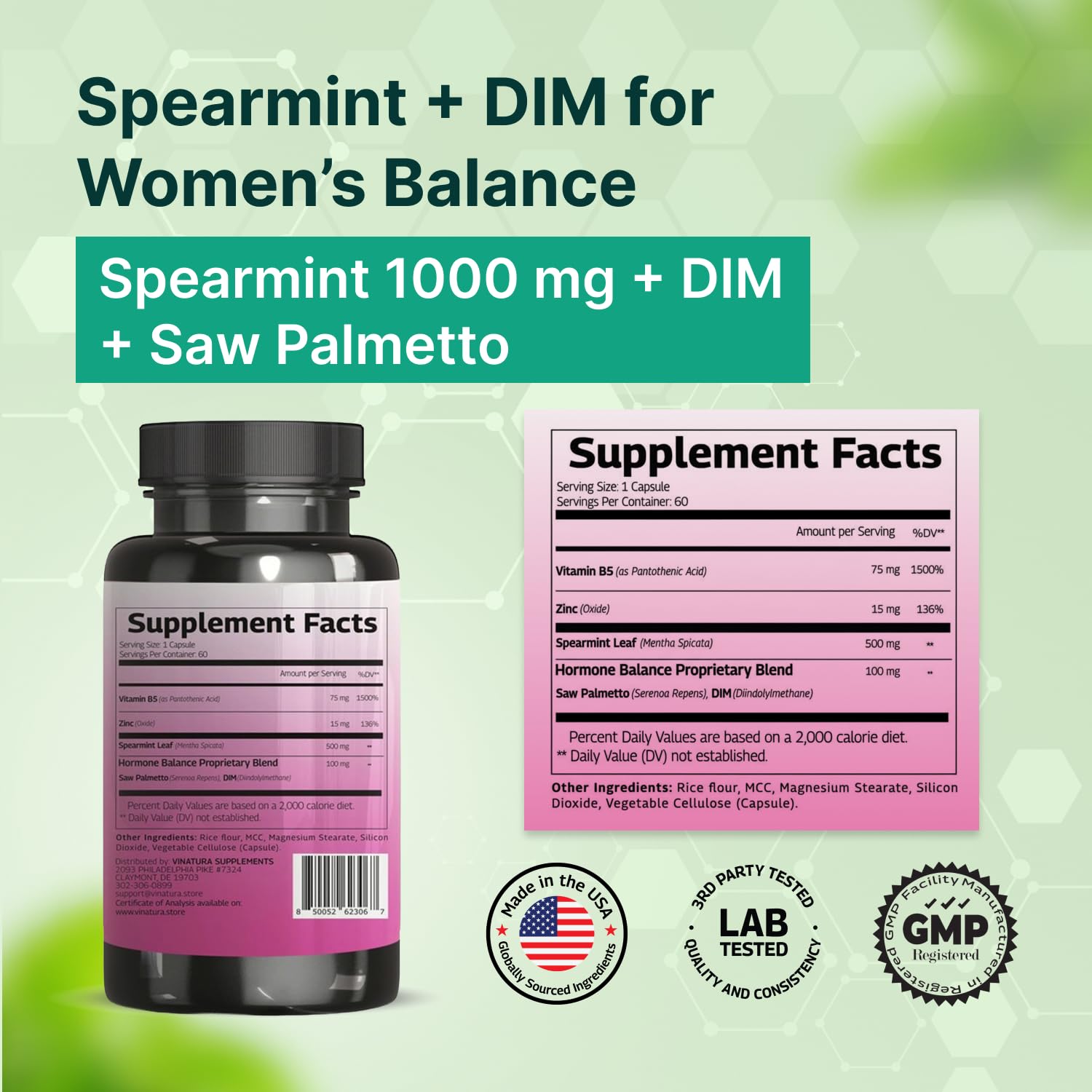 VINATURA Spearmint Leaf Capsules Supplement - Enhanced with DIM & Saw Palmetto, for Unwanted Hair, Women' Health & Skin *USA Made & Tested* - 1380mg/serving, 60 Capsules (30 Servings) - TrustMedUSA