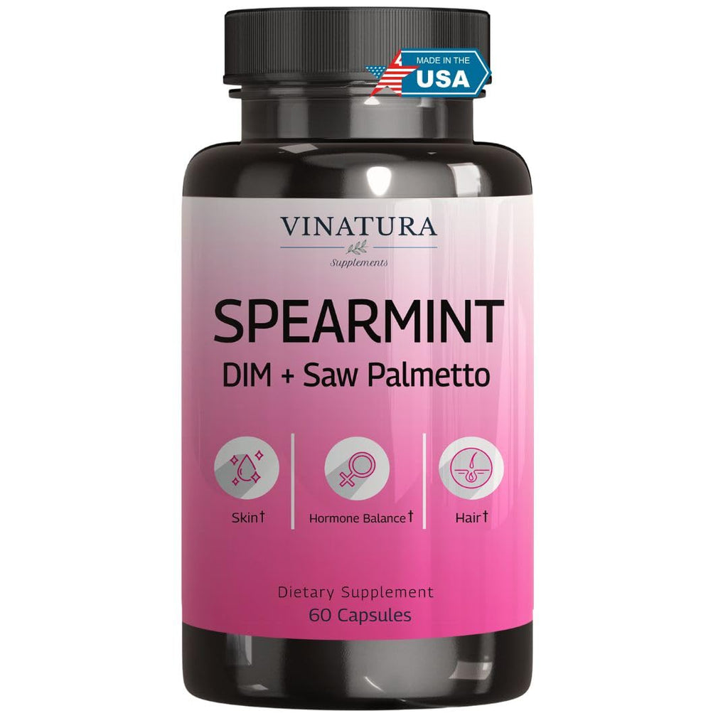 VINATURA Spearmint Leaf Capsules Supplement - Enhanced with DIM & Saw Palmetto, for Unwanted Hair, Women' Health & Skin *USA Made & Tested* - 1380mg/serving, 60 Capsules (30 Servings) - TrustMedUSA