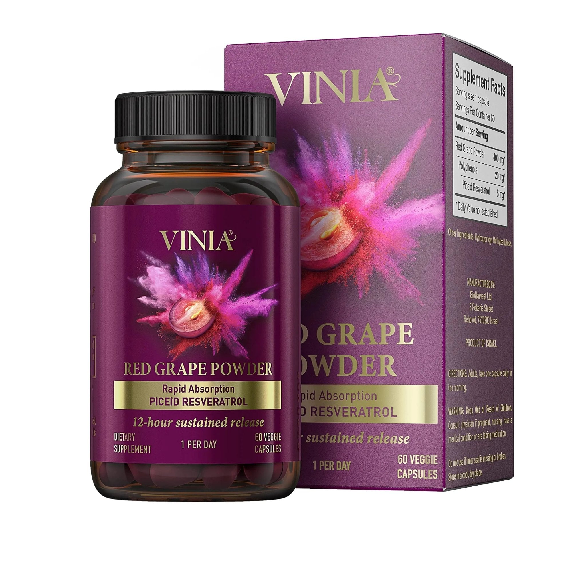 VINIA 12-Hour Sustained Release Piceid Resveratrol Supplement. Nitric Oxide Supplement - TrustMedUSA