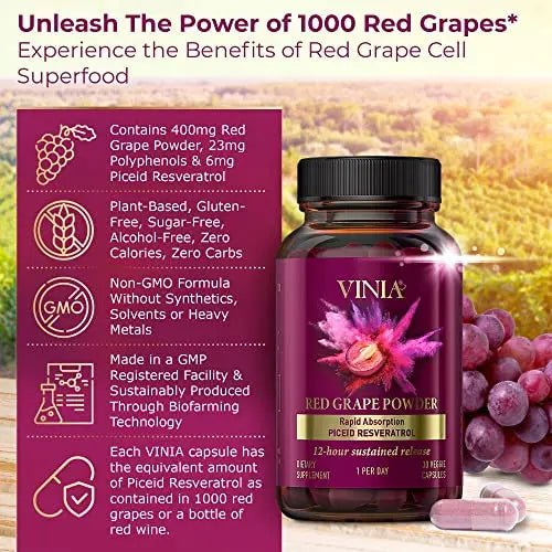 VINIA 12-Hour Sustained Release Piceid Resveratrol Supplement. Nitric Oxide Supplement - TrustMedUSA