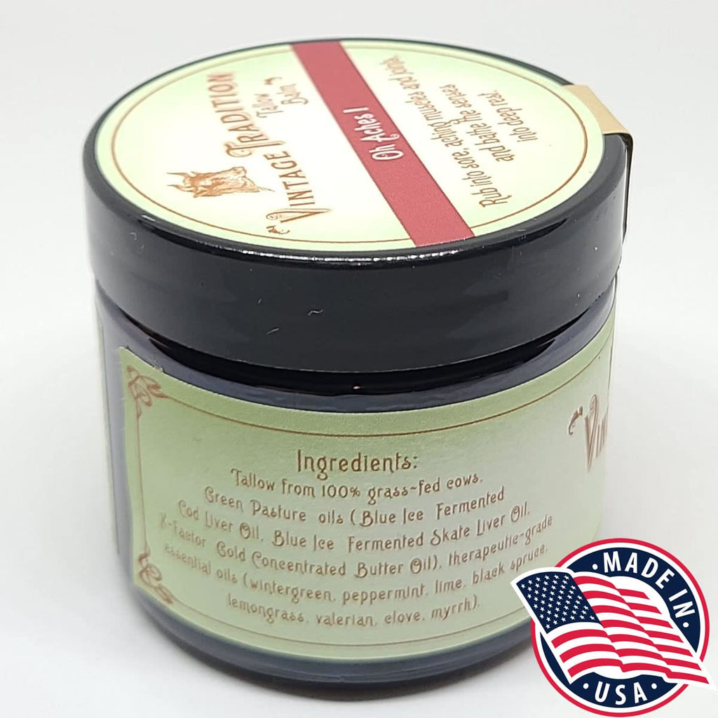 Vintage Tradition Oh Aches! Tallow Balm Supports Joint and Muscle Health – Beef Tallow Grass Fed Balm with Wintergreen, Peppermint, and Lime Essential Oil Blend, 2 Fl. Oz. - TrustMedUSA