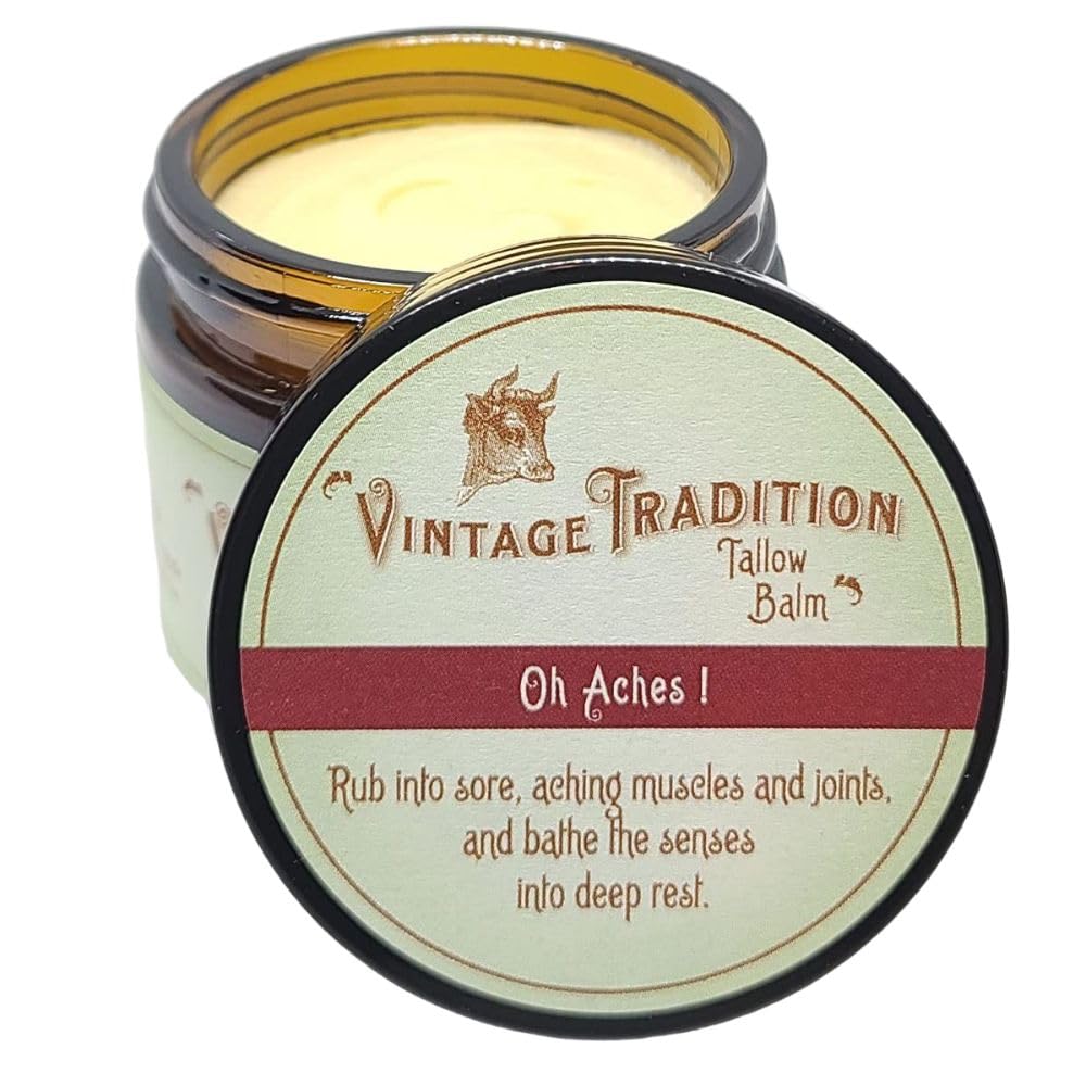 Vintage Tradition Oh Aches! Tallow Balm Supports Joint and Muscle Health – Beef Tallow Grass Fed Balm with Wintergreen, Peppermint, and Lime Essential Oil Blend, 2 Fl. Oz. - TrustMedUSA