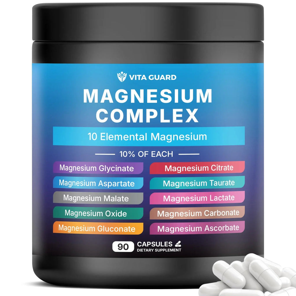 Vita Guard Magnesium Complex 1480mg – 10-in-1 with Glycinate, Citrate, Malate & More – High Absorption – Sleep, Muscle, Nerve & Heart Support – 90 Vegan Capsules – Non-GMO, Gluten-Free, No Sugar - TrustMedUSA