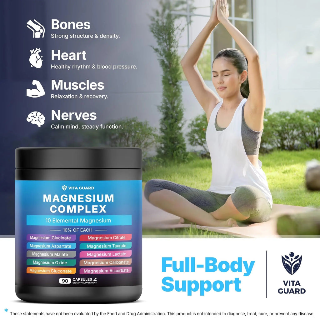 Vita Guard Magnesium Complex 1480mg – 10-in-1 with Glycinate, Citrate, Malate & More – High Absorption – Sleep, Muscle, Nerve & Heart Support – 90 Vegan Capsules – Non-GMO, Gluten-Free, No Sugar - TrustMedUSA