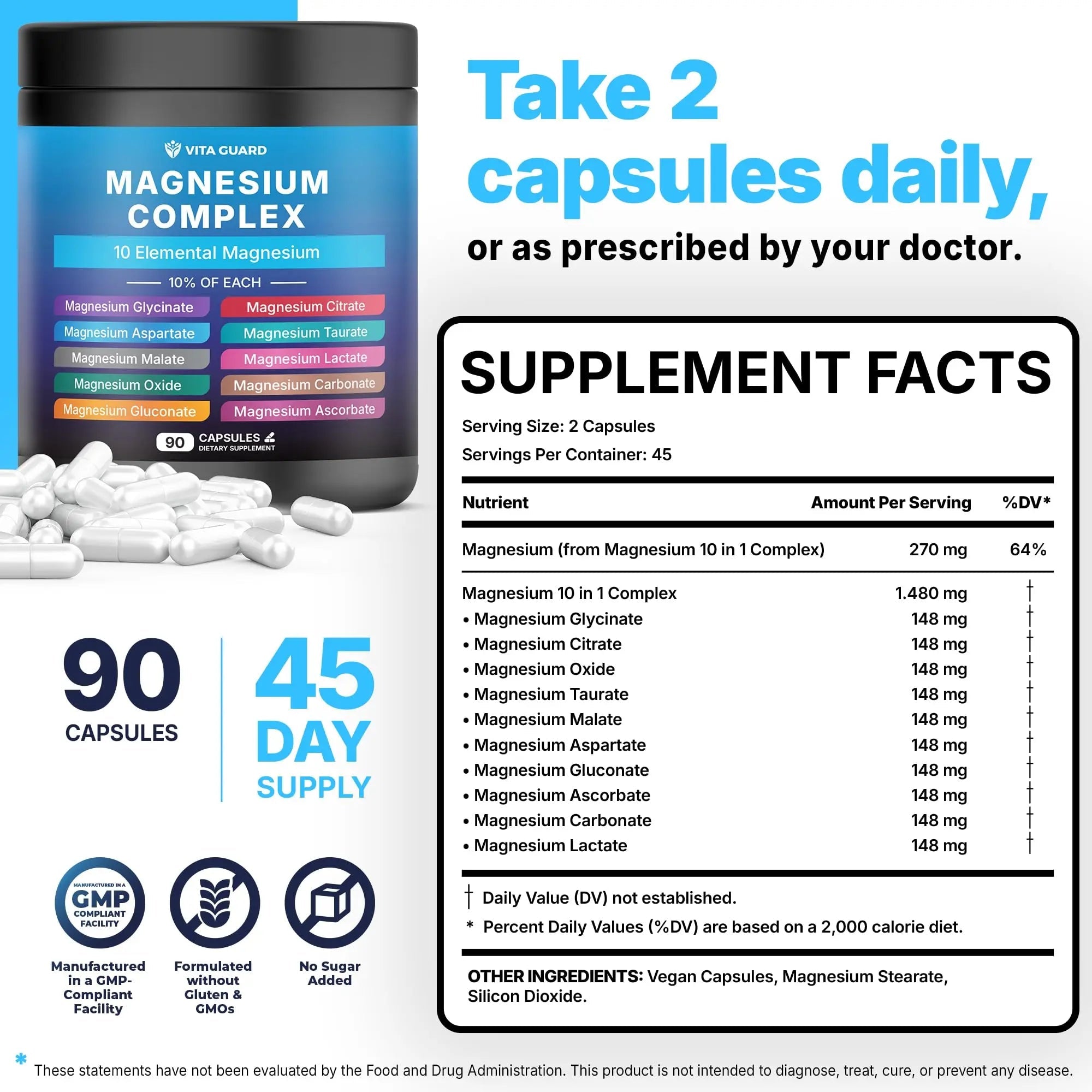 Vita Guard Magnesium Complex 1480mg – 10-in-1 with Glycinate, Citrate, Malate & More – High Absorption – Sleep, Muscle, Nerve & Heart Support – 90 Vegan Capsules – Non-GMO, Gluten-Free, No Sugar - TrustMedUSA