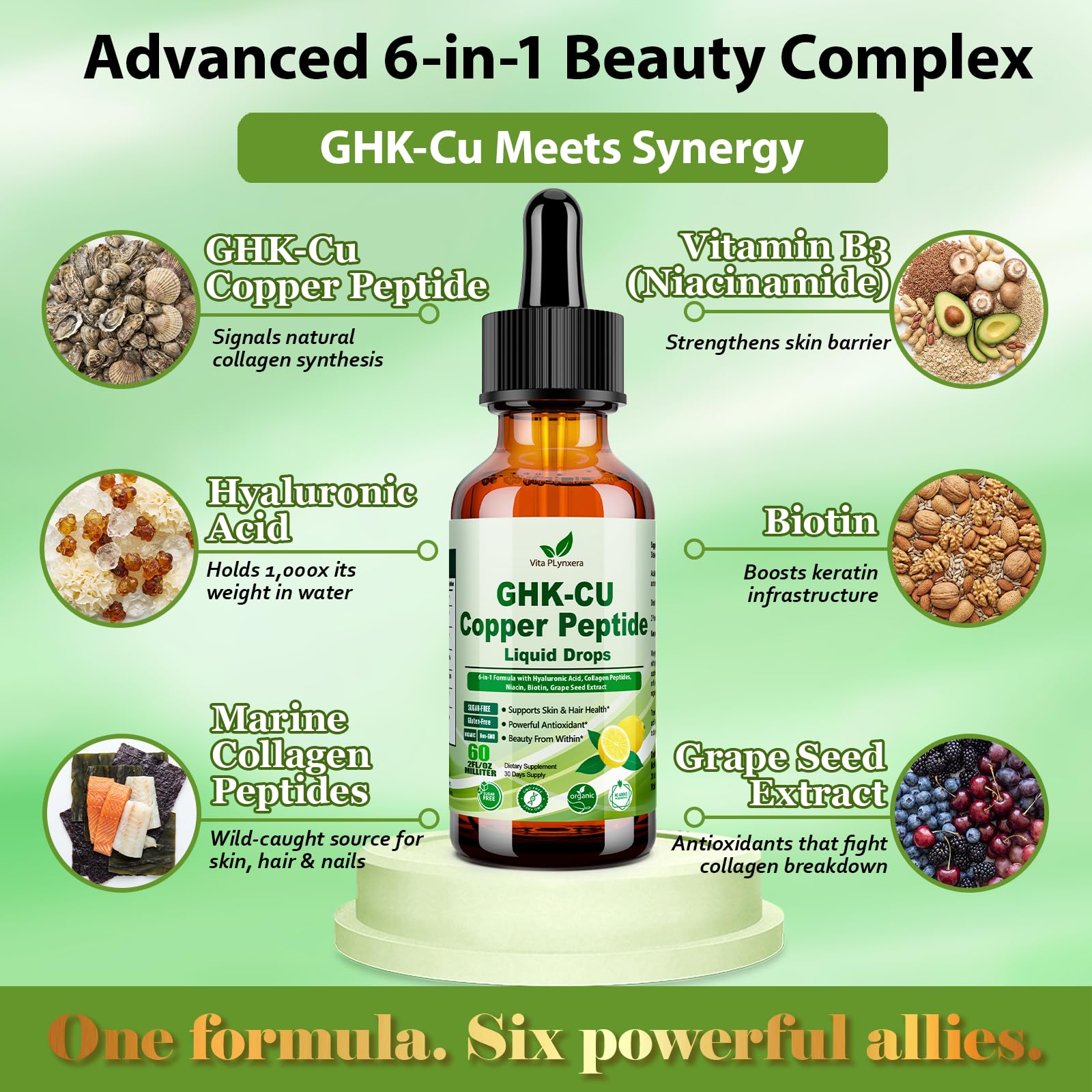 Vita PLynxera GHK-CU Peptide Supplement Liquid Drops, Premium 6-in-1 GHK CU Copper Peptides w. Marine Collagen Hyaluronic Acid Biotin for Anti-Aging, Skin Hair Growth Support, Oral Drops丨Women Men - TrustMedUSA