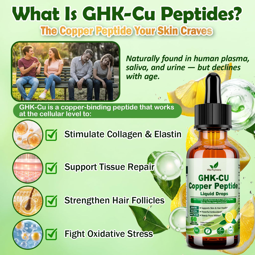 Vita PLynxera GHK-CU Peptide Supplement Liquid Drops, Premium 6-in-1 GHK CU Copper Peptides w. Marine Collagen Hyaluronic Acid Biotin for Anti-Aging, Skin Hair Growth Support, Oral Drops丨Women Men - TrustMedUSA