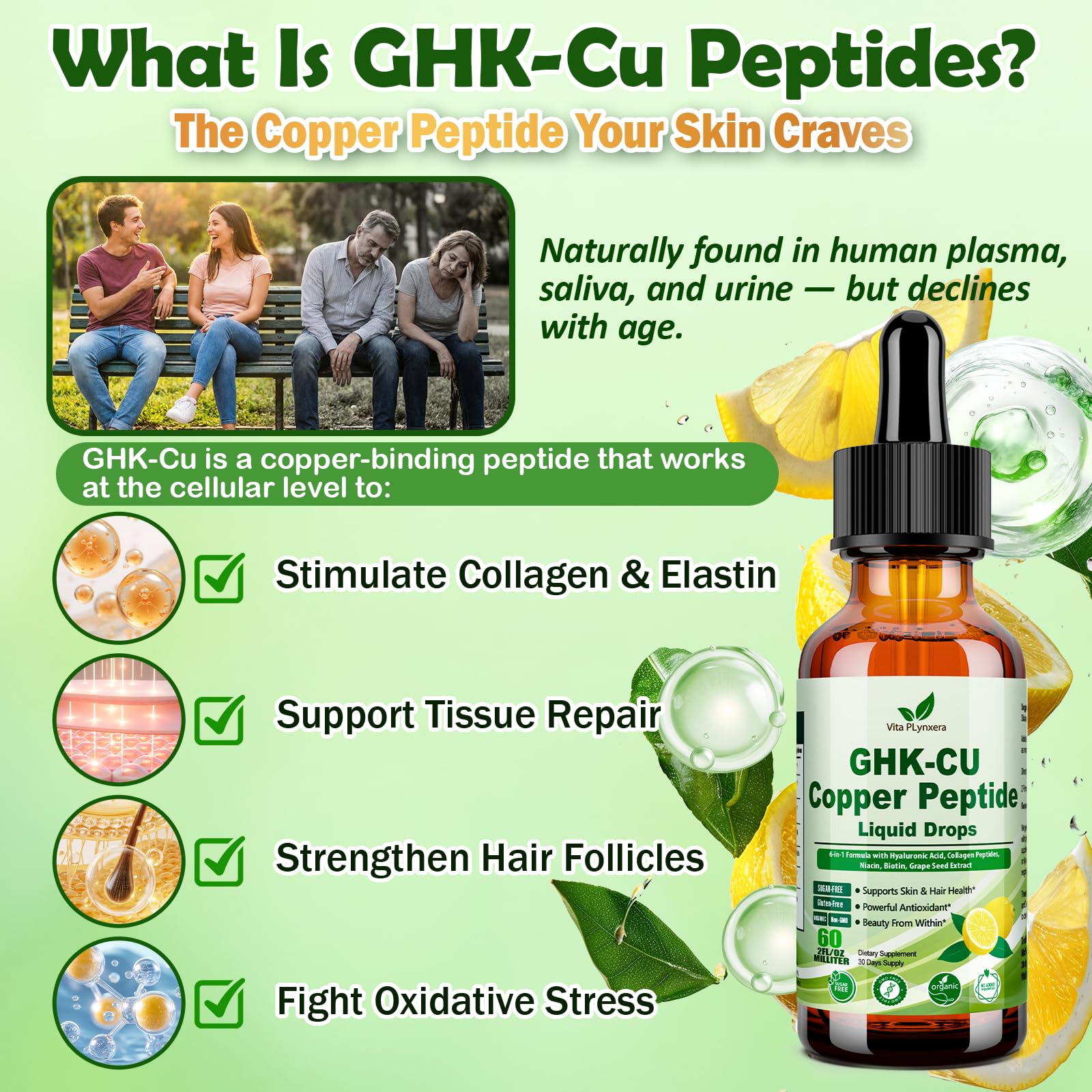 Vita PLynxera GHK-CU Peptide Supplement Liquid Drops, Premium 6-in-1 GHK CU Copper Peptides w. Marine Collagen Hyaluronic Acid Biotin for Anti-Aging, Skin Hair Growth Support, Oral Drops丨Women Men - TrustMedUSA