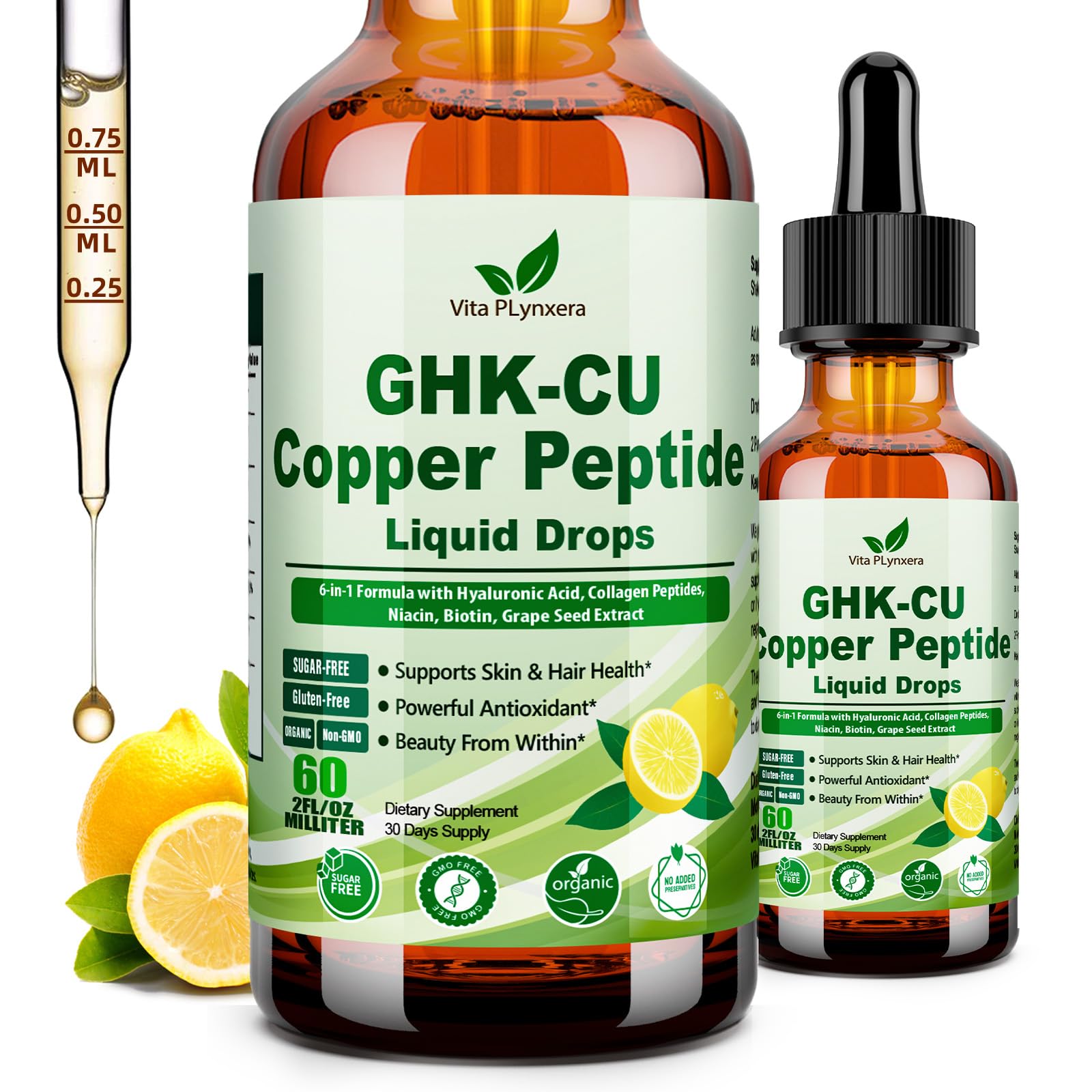 Vita PLynxera GHK-CU Peptide Supplement Liquid Drops, Premium 6-in-1 GHK CU Copper Peptides w. Marine Collagen Hyaluronic Acid Biotin for Anti-Aging, Skin Hair Growth Support, Oral Drops丨Women Men - TrustMedUSA