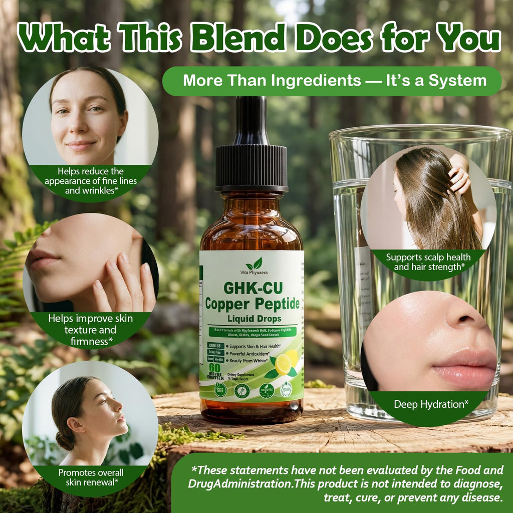 Vita PLynxera GHK-CU Peptide Supplement Liquid Drops, Premium 6-in-1 GHK CU Copper Peptides w. Marine Collagen Hyaluronic Acid Biotin for Anti-Aging, Skin Hair Growth Support, Oral Drops丨Women Men - TrustMedUSA