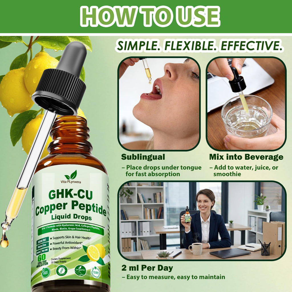 Vita PLynxera GHK-CU Peptide Supplement Liquid Drops, Premium 6-in-1 GHK CU Copper Peptides w. Marine Collagen Hyaluronic Acid Biotin for Anti-Aging, Skin Hair Growth Support, Oral Drops丨Women Men - TrustMedUSA