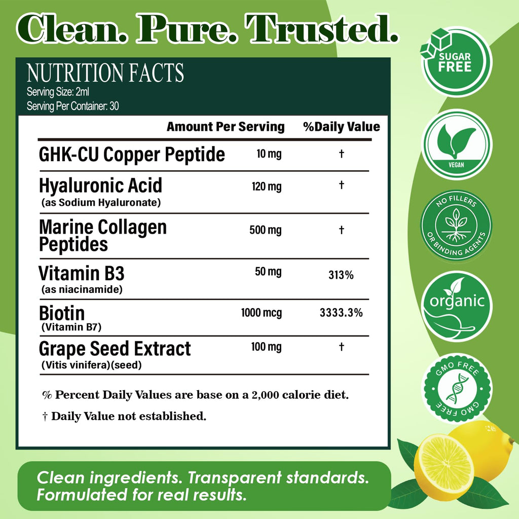 Vita PLynxera GHK-CU Peptide Supplement Liquid Drops, Premium 6-in-1 GHK CU Copper Peptides w. Marine Collagen Hyaluronic Acid Biotin for Anti-Aging, Skin Hair Growth Support, Oral Drops丨Women Men - TrustMedUSA