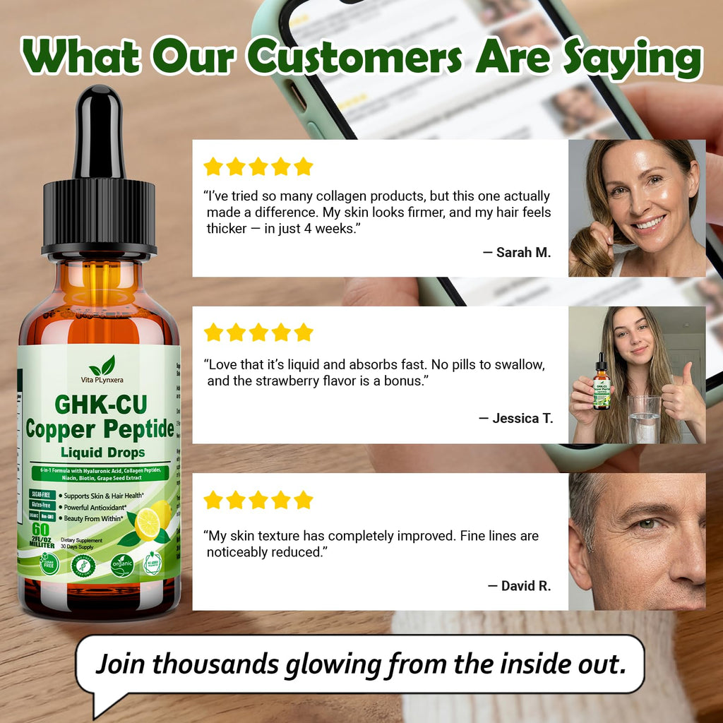 Vita PLynxera GHK-CU Peptide Supplement Liquid Drops, Premium 6-in-1 GHK CU Copper Peptides w. Marine Collagen Hyaluronic Acid Biotin for Anti-Aging, Skin Hair Growth Support, Oral Drops丨Women Men - TrustMedUSA