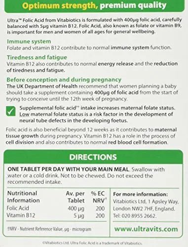 Vitabiotics Ultra Folic Acid Tablets 400 mcg Vitamin B9 with Vitamin B12-60 Tablets - TrustMedUSA