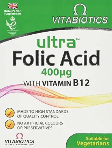 Vitabiotics Ultra Folic Acid Tablets 400 mcg Vitamin B9 with Vitamin B12-60 Tablets - TrustMedUSA