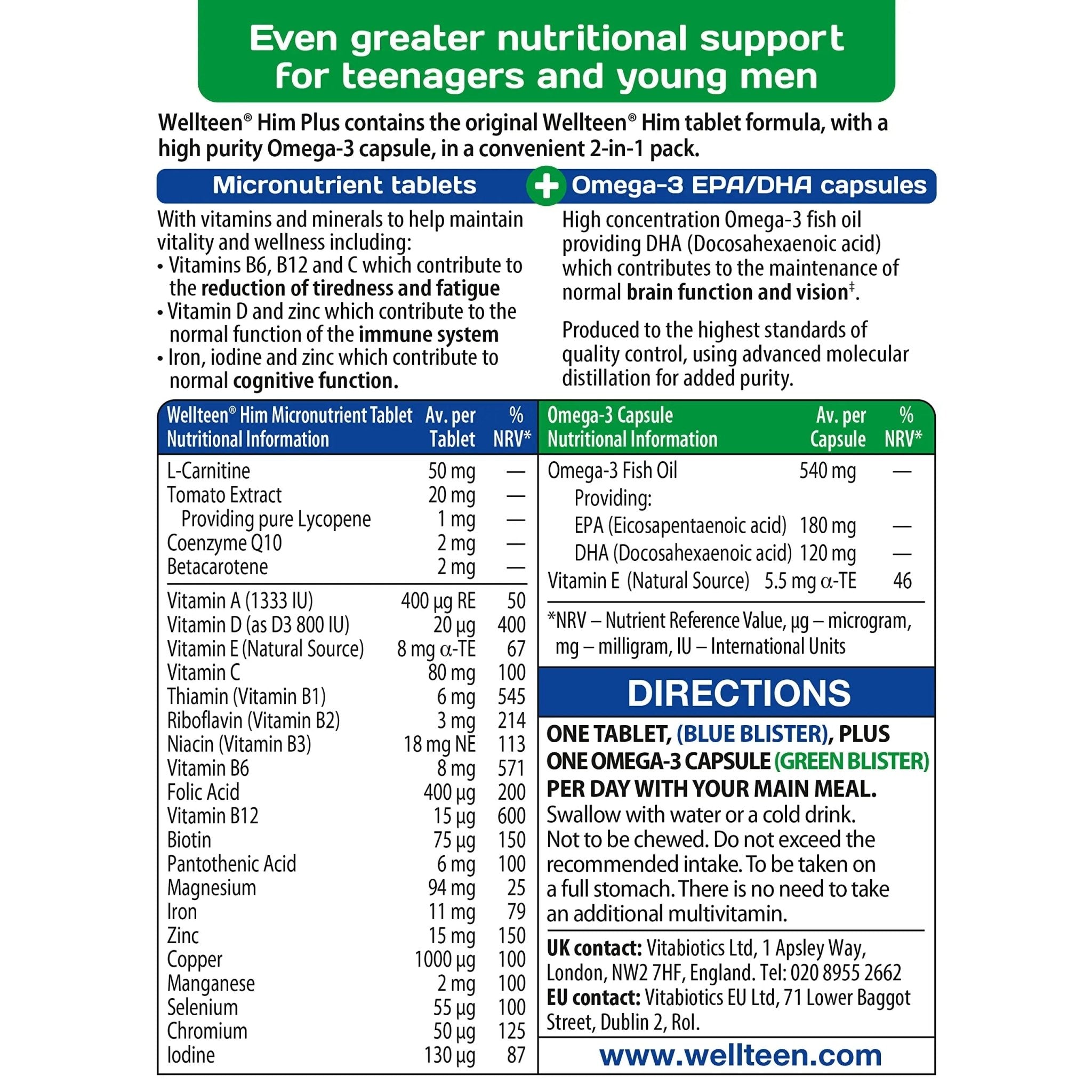 Vitabiotics Wellteen Him Plus Tablets/Capsules, 56 Count (Pack of 1) - TrustMedUSA
