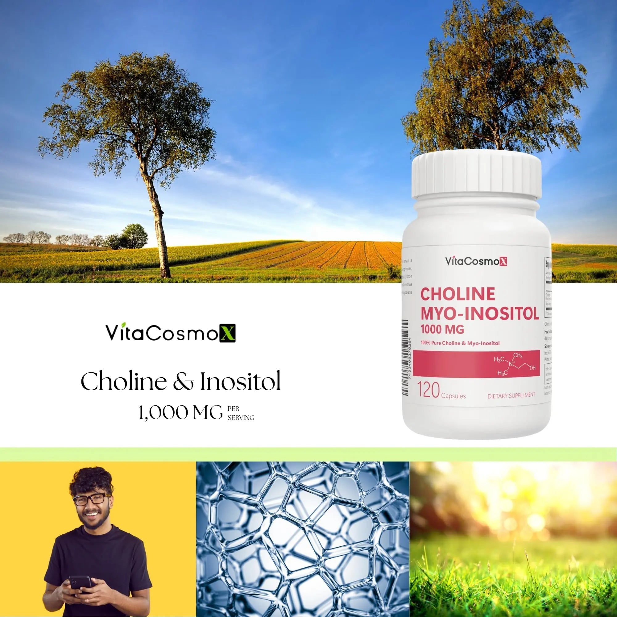 VitaCosmoX Choline and Myo-Inositol Supplement, 1000 mg Each, 120 Veggie Capsules 100% Vegetarian, Non-GMO & Gluten Free - TrustMedUSA