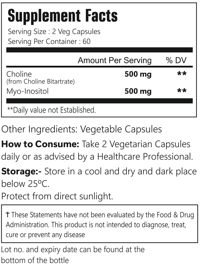 VitaCosmoX Choline and Myo-Inositol Supplement, 1000 mg Each, 120 Veggie Capsules 100% Vegetarian, Non-GMO & Gluten Free - TrustMedUSA
