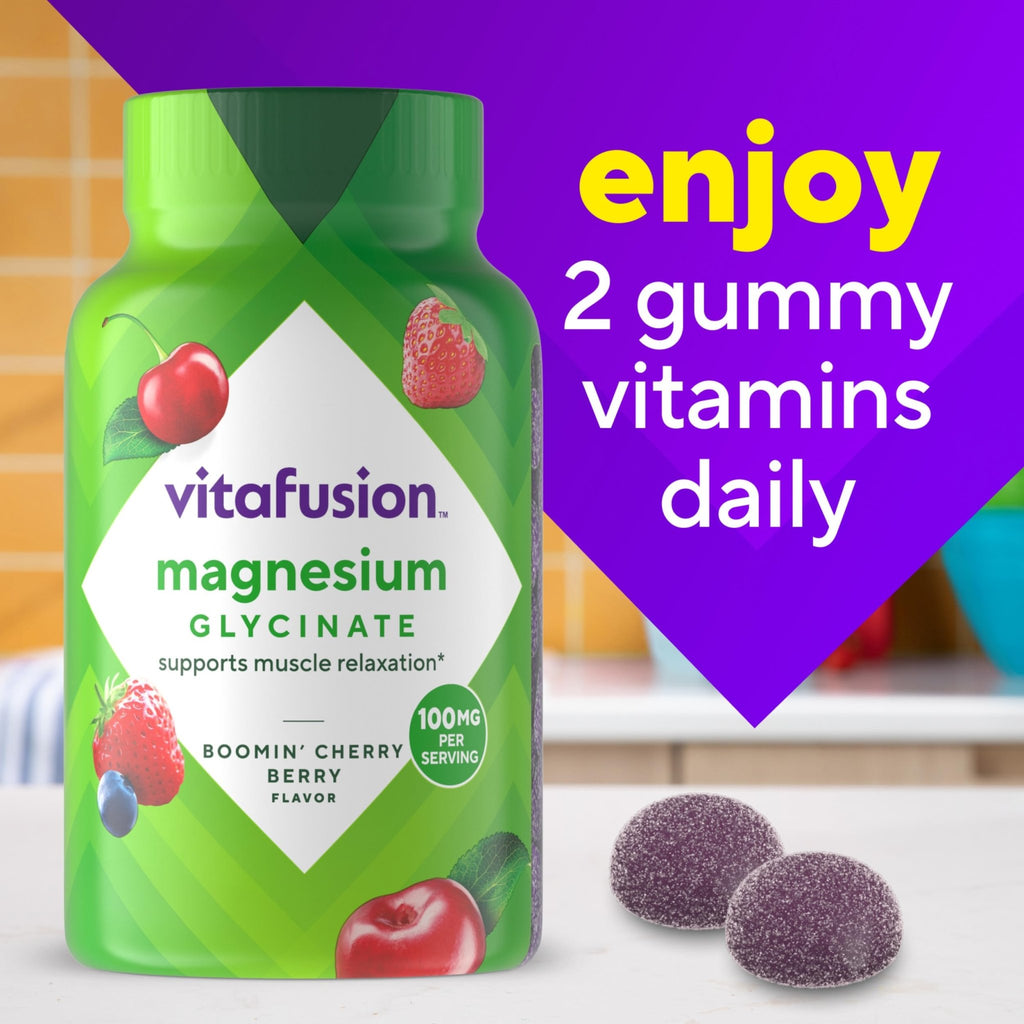 vitafusion Magnesium Glycinate Gummy Supplement, 100 mg per Serving Supports Muscle Relaxation (1) for Adult Women & Men, Boomin’ Cherry Berry Flavor, 60 Count - TrustMedUSA