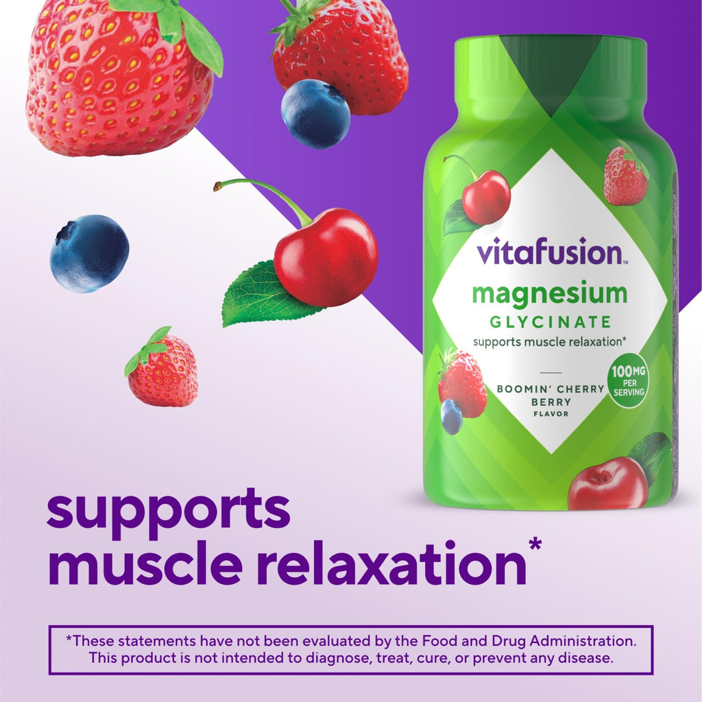 vitafusion Magnesium Glycinate Gummy Supplement, 100 mg per Serving Supports Muscle Relaxation (1) for Adult Women & Men, Boomin’ Cherry Berry Flavor, 60 Count - TrustMedUSA