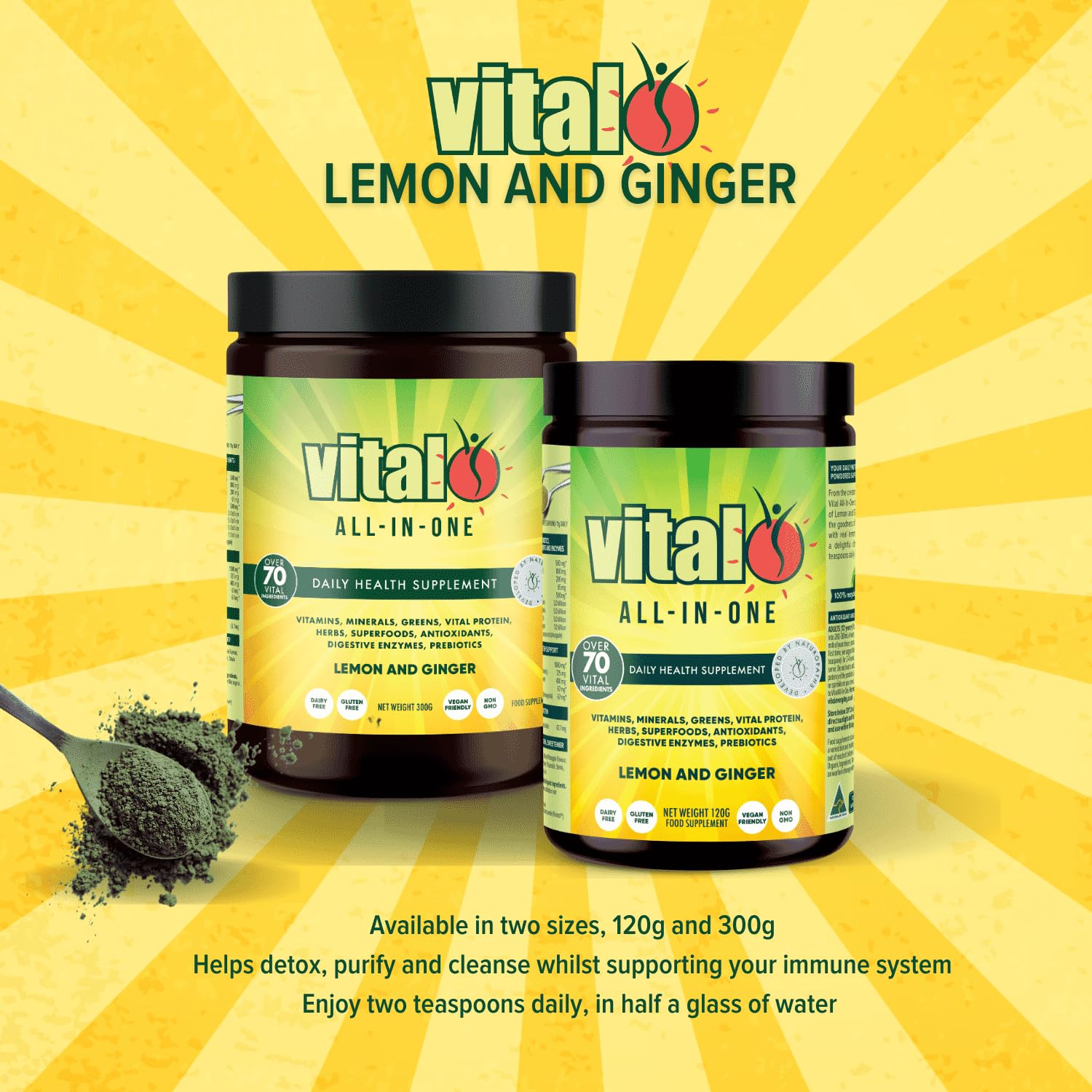 Vital All-in-One Daily Powdered Supplement - Natural Greens Superfood Powder for Energy & Health, Super Greens Powder Drink Mix with Probiotic & Antioxidant Support - Lemon & Ginger, 4.23 oz (120 g) - TrustMedUSA