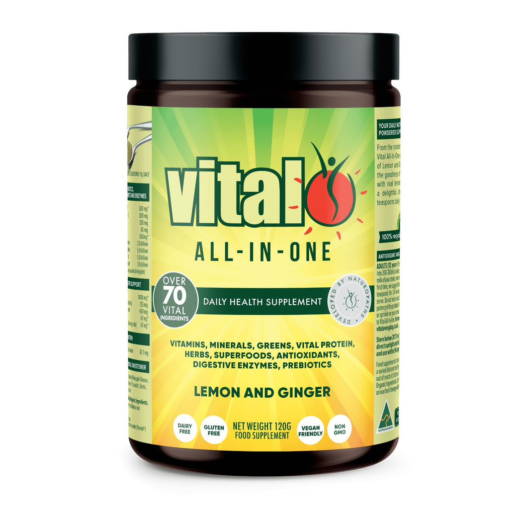 Vital All-in-One Daily Powdered Supplement - Natural Greens Superfood Powder for Energy & Health, Super Greens Powder Drink Mix with Probiotic & Antioxidant Support - Lemon & Ginger, 4.23 oz (120 g) - TrustMedUSA