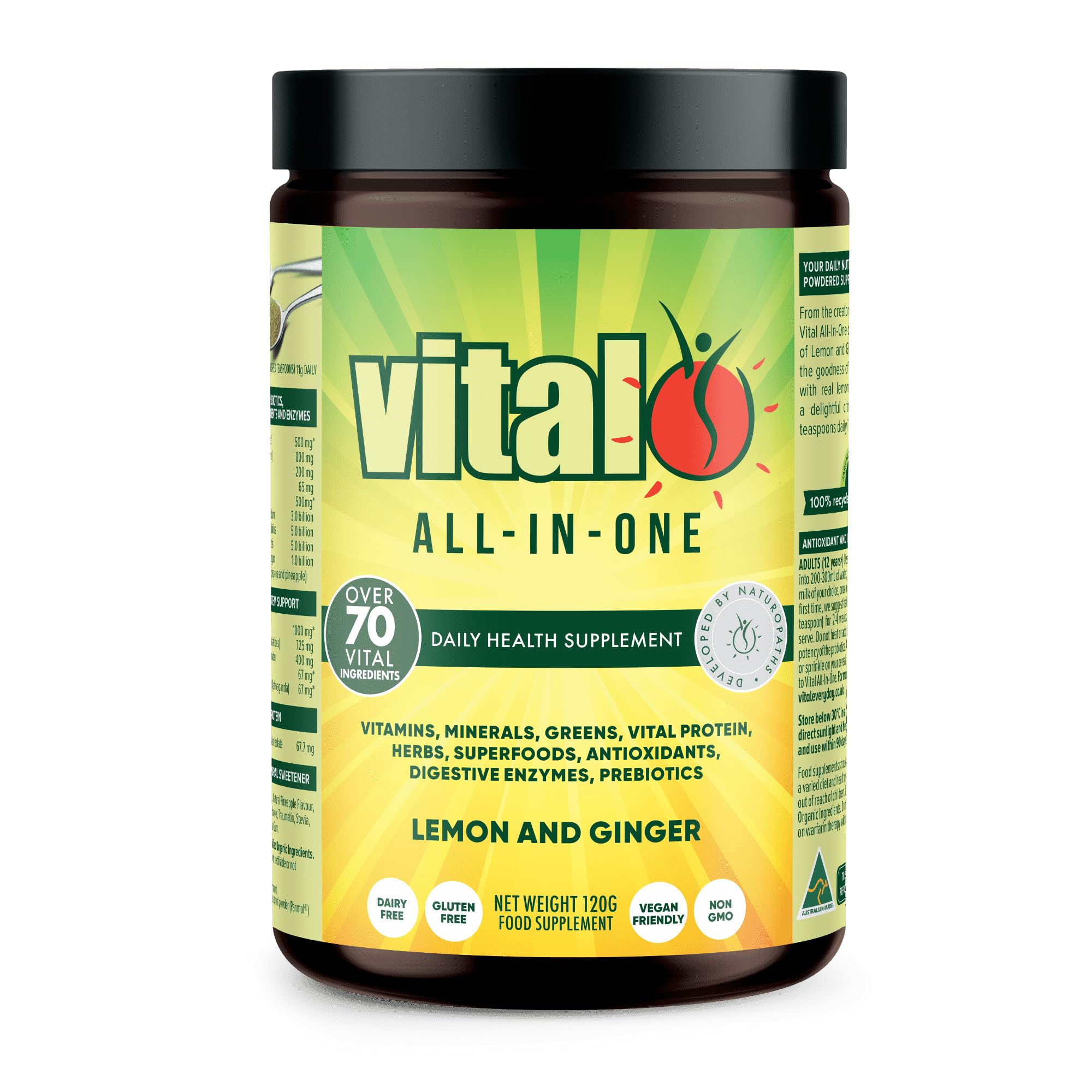 Vital All-in-One Daily Powdered Supplement - Natural Greens Superfood Powder for Energy & Health, Super Greens Powder Drink Mix with Probiotic & Antioxidant Support - Lemon & Ginger, 4.23 oz (120 g) - TrustMedUSA