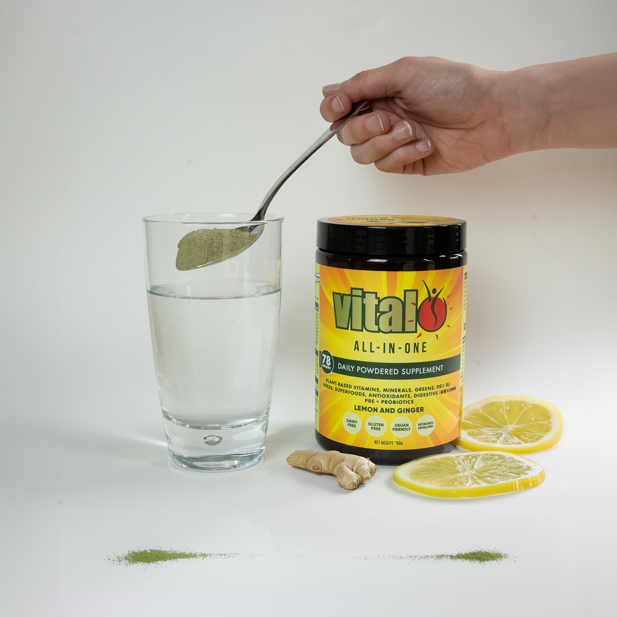 Vital All-in-One Daily Powdered Supplement - Natural Greens Superfood Powder for Energy & Health, Super Greens Powder Drink Mix with Probiotic & Antioxidant Support - Lemon & Ginger, 4.23 oz (120 g) - TrustMedUSA