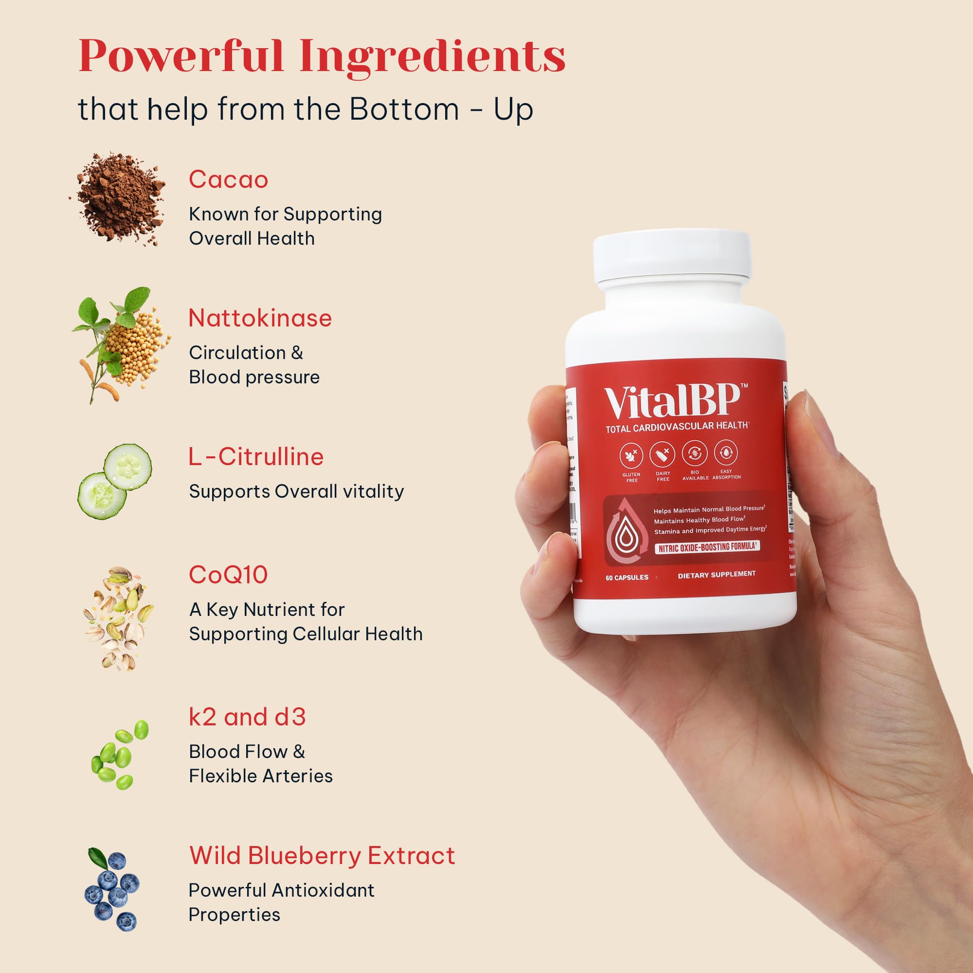 Vital BP - Support for Normal Blood Pressure - Supports Blood Flow & Arteries - with CoQ10, L-Citrulline, and K2 & D3-60 Capsules - TrustMedUSA