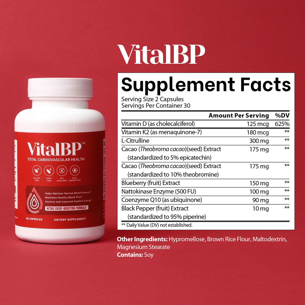Vital BP - Support for Normal Blood Pressure - Supports Blood Flow & Arteries - with CoQ10, L-Citrulline, and K2 & D3-60 Capsules - TrustMedUSA