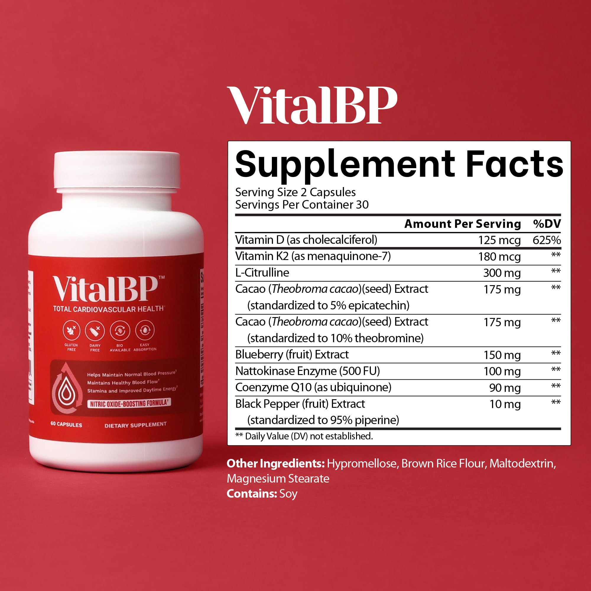 Vital BP - Support for Normal Blood Pressure - Supports Blood Flow & Arteries - with CoQ10, L-Citrulline, and K2 & D3-60 Capsules - TrustMedUSA