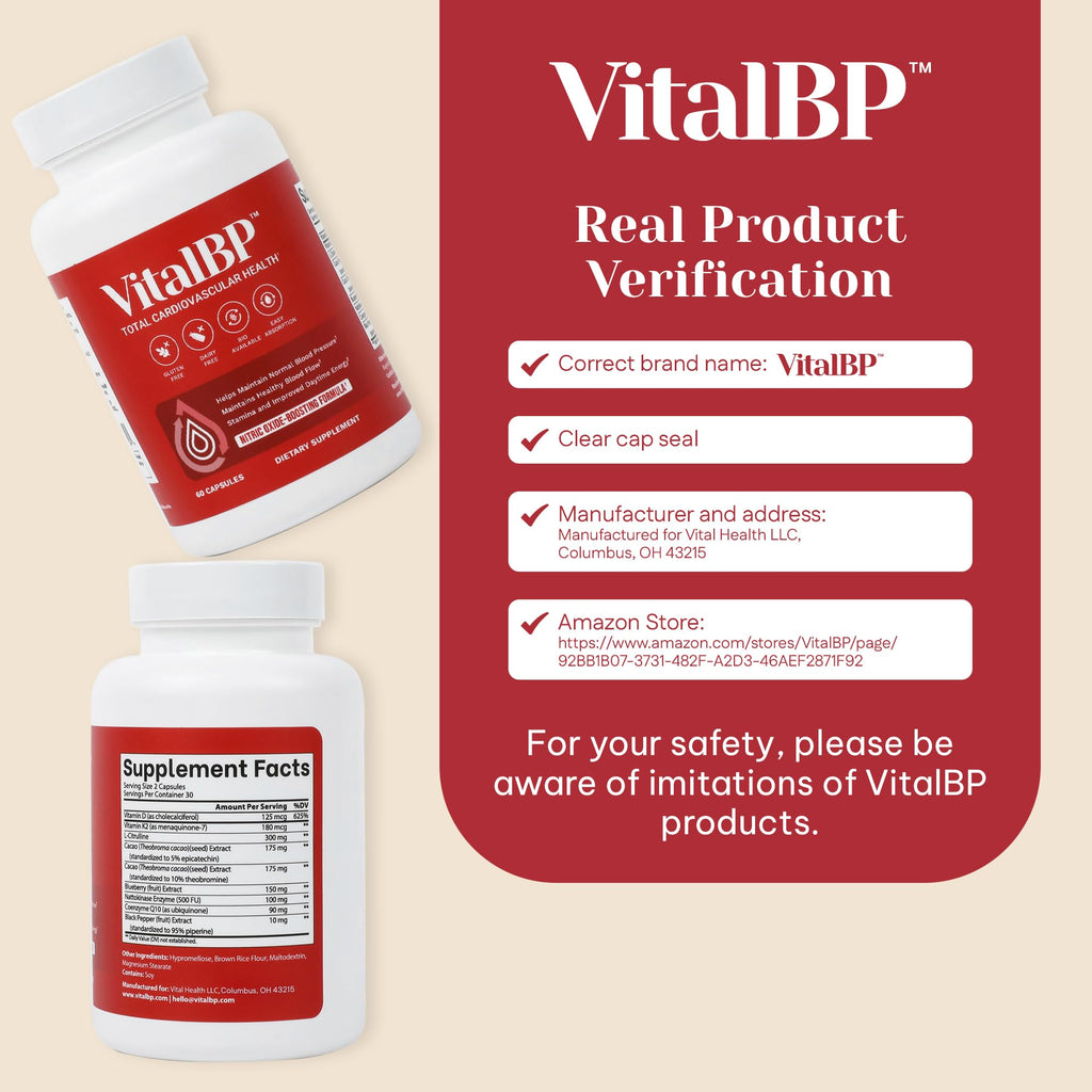 Vital BP - Support for Normal Blood Pressure - Supports Blood Flow & Arteries - with CoQ10, L-Citrulline, and K2 & D3-60 Capsules - TrustMedUSA