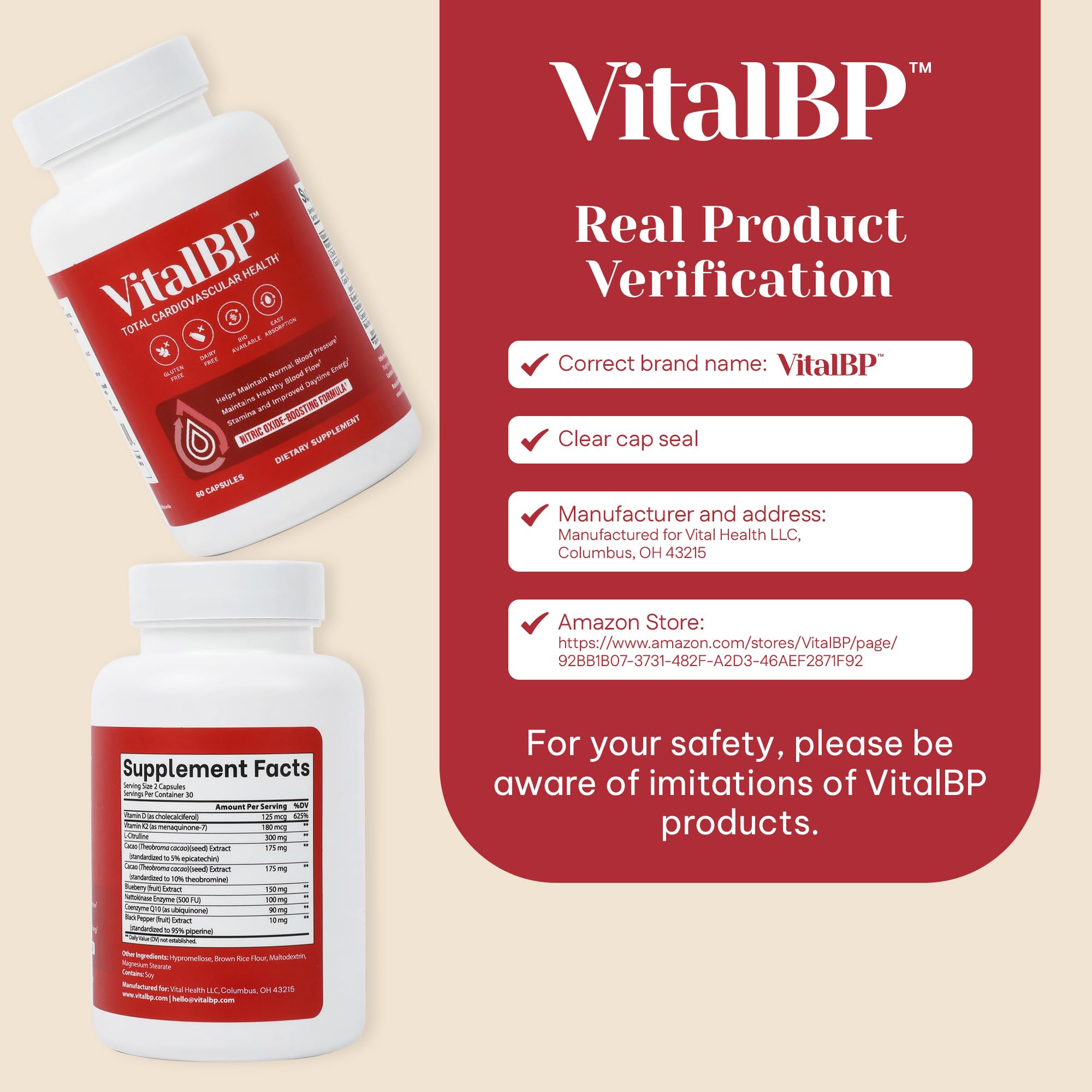Vital BP - Support for Normal Blood Pressure - Supports Blood Flow & Arteries - with CoQ10, L-Citrulline, and K2 & D3-60 Capsules - TrustMedUSA
