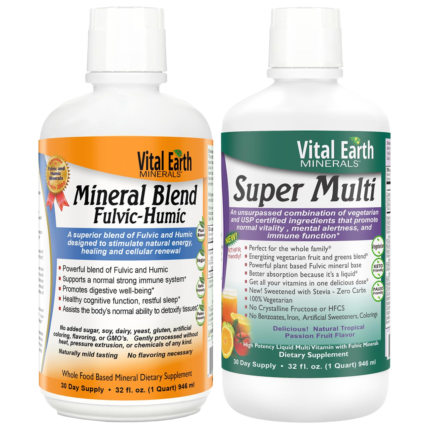 Vital Earth Minerals Detox and Wellness Support – Fulvic Humic Mineral Blend with 70+ Trace Minerals + Super Multi, Liquid Multivitamins, MTHFR Enhancement, 32 OZ Ea - TrustMedUSA
