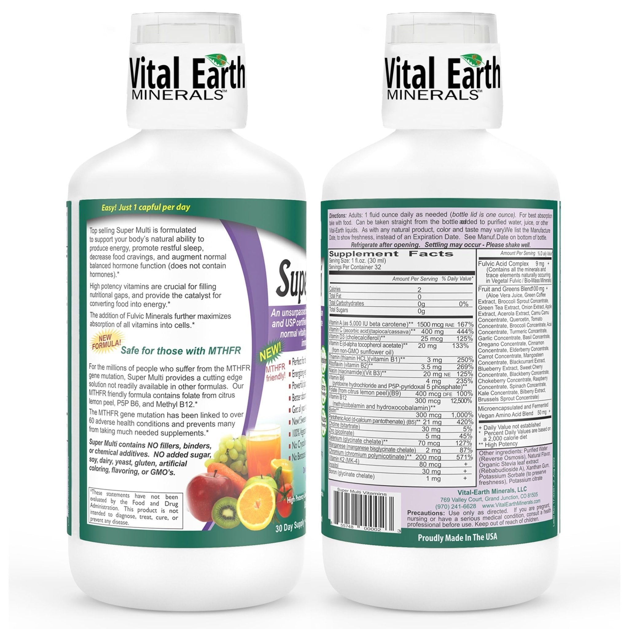Vital Earth Minerals Super Multi – Liquid Multivitamins for Women, Men & Kids, Liquid Vitamins with Fulvic Acid for Better Absorption, MTHFR Support, 32 Oz + 1 Oz Cup - TrustMedUSA