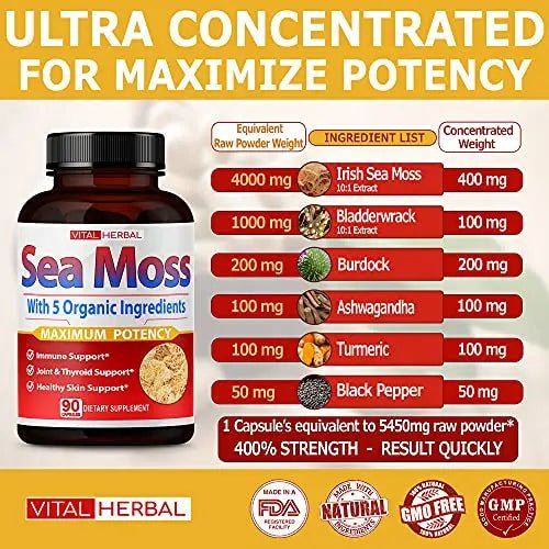 VITAL HERBAL Irish Sea Moss Capsules Equivalent to 5450mg - Maximum Potency - TrustMedUSA