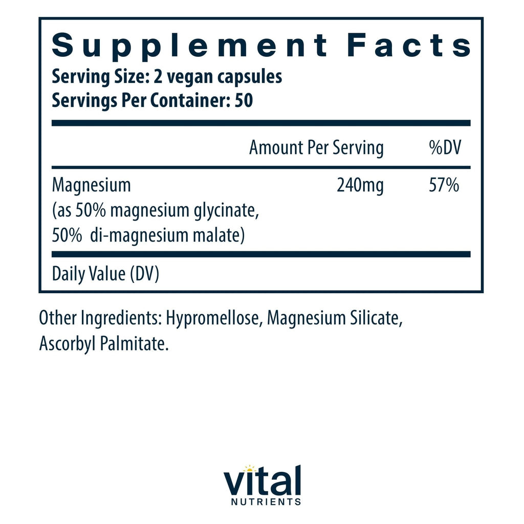Vital Nutrients Magnesium Glycinate + Malate - 120mg Vegan Magnesium Supplement for Women and Men - Muscle, Heart, Bone Support* - Promotes Relaxation - TrustMedUSA