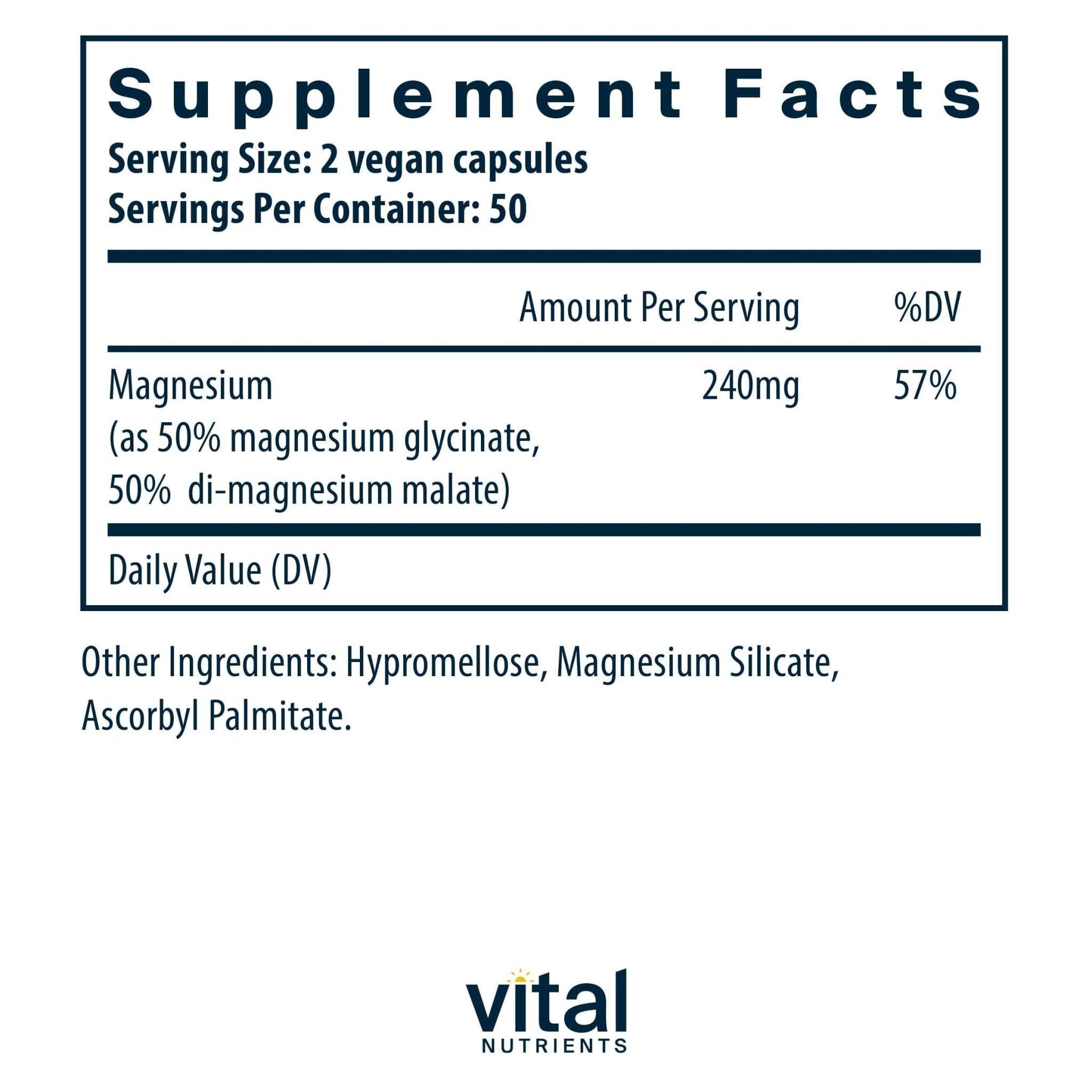 Vital Nutrients Magnesium Glycinate + Malate - 120mg Vegan Magnesium Supplement for Women and Men - Muscle, Heart, Bone Support* - Promotes Relaxation - TrustMedUSA
