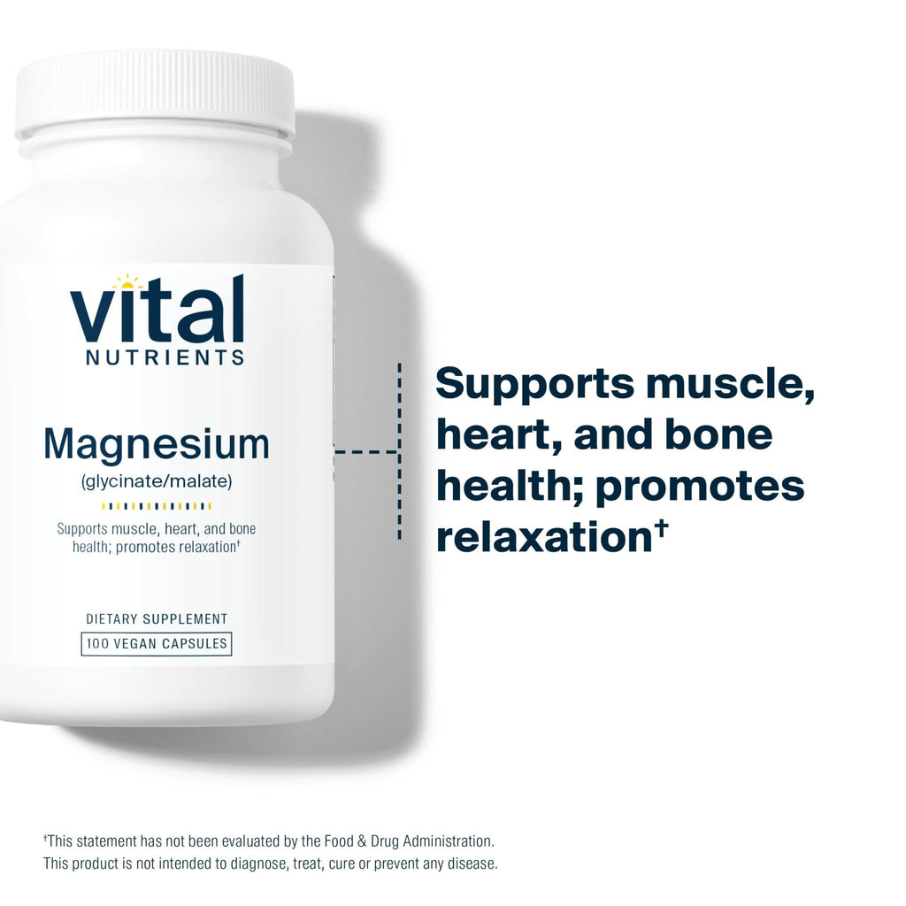 Vital Nutrients Magnesium Glycinate + Malate - 120mg Vegan Magnesium Supplement for Women and Men - Muscle, Heart, Bone Support* - Promotes Relaxation - TrustMedUSA